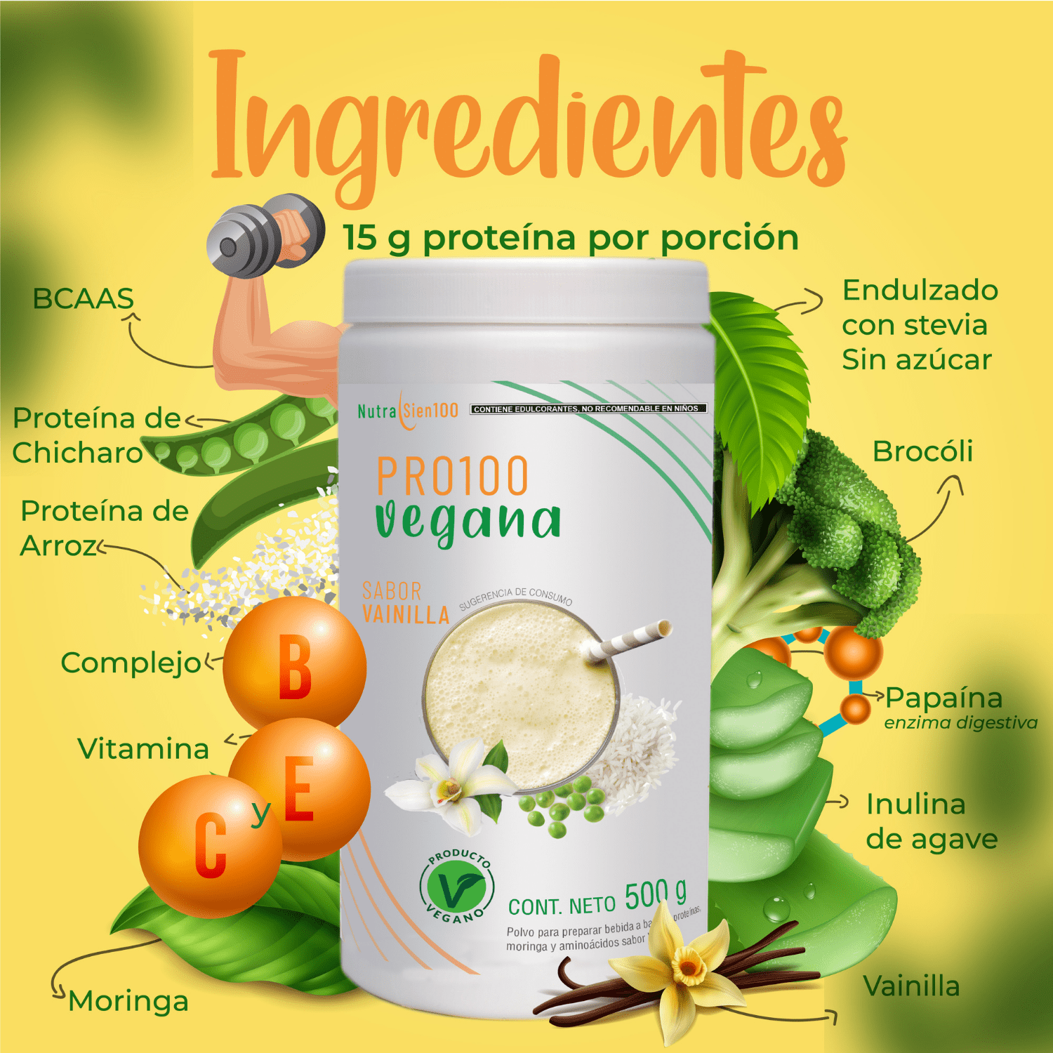 Foto 4 pulgar | Proteína Vegana sabor Vainilla. Nutrasien100. Sin azúcar. Fácil digestión. Ideal hombres y mujeres. 500 g - 17 porc