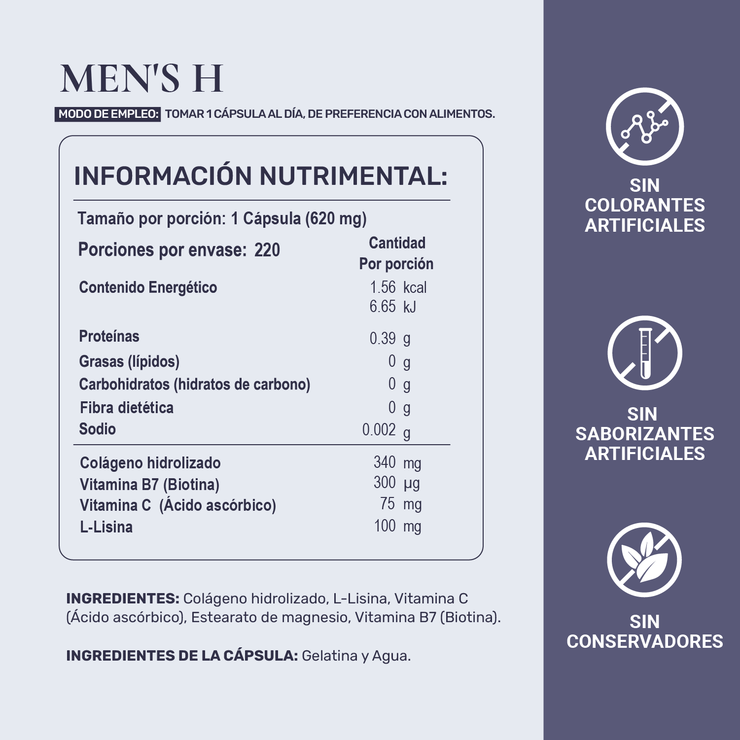 Foto 4 pulgar | Suplemento para el Crecimiento del Cabello Men's H Life 360+ 220 Capsulas