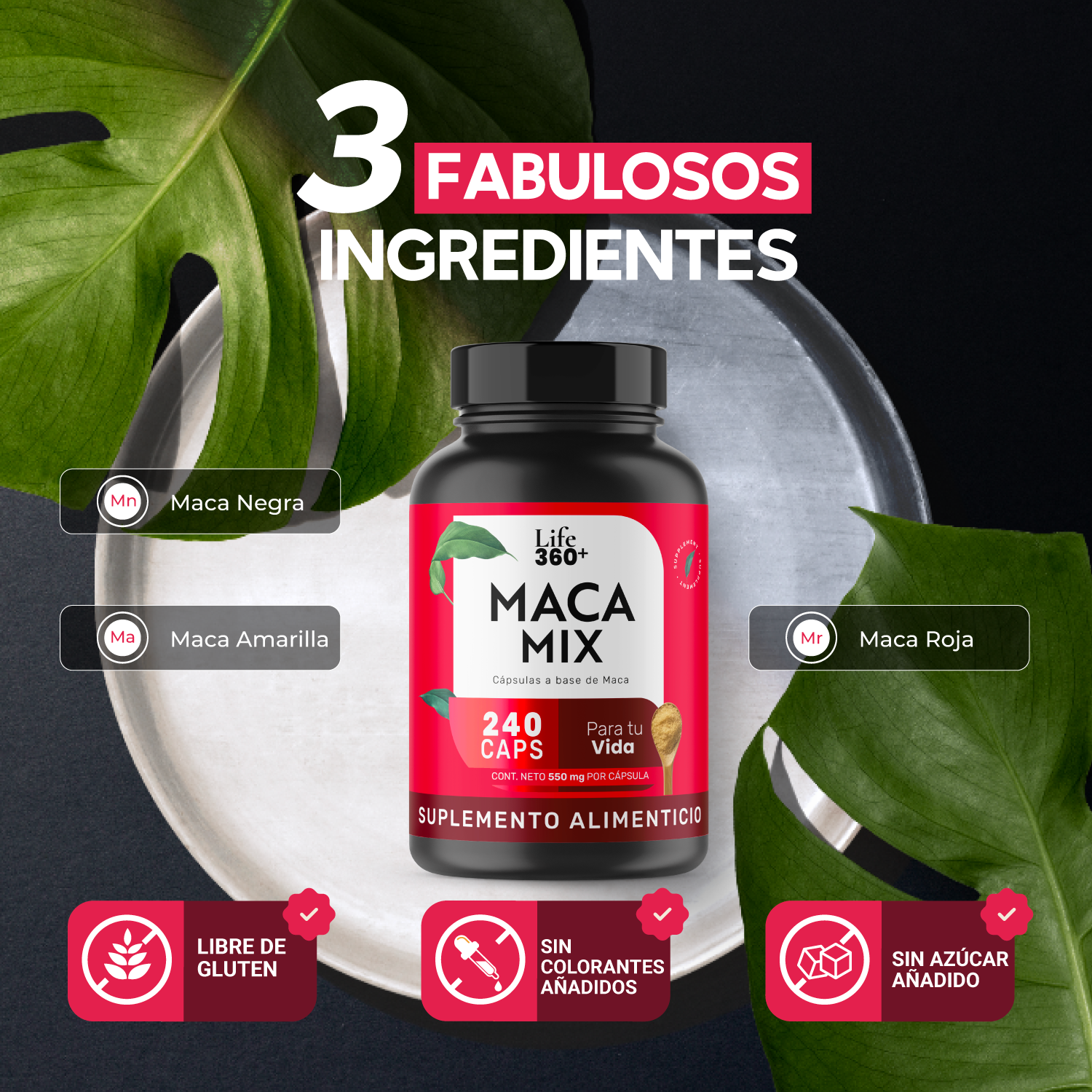 Foto 5 pulgar | Suplemento de Maca Negra Roja y Amarilla Life360+ Macamix 240 Capsulas
