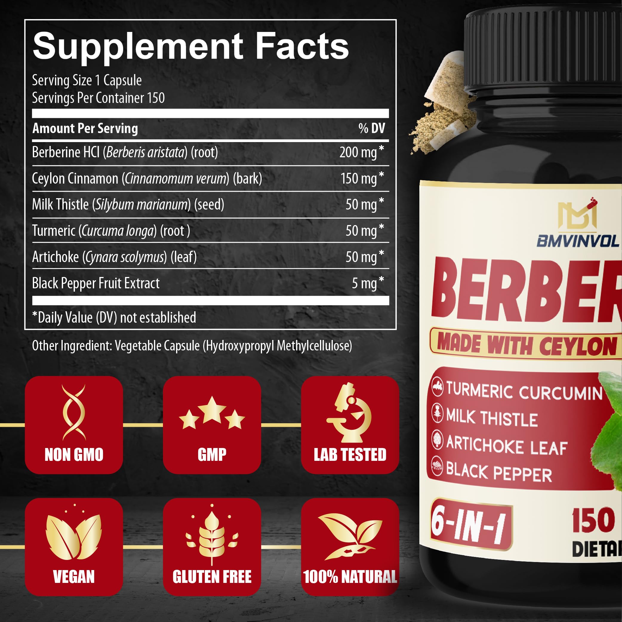 Foto 3 pulgar | Suplementos Bmvinvol Berberine Hcl Con Canela De Ceilán 150 Cápsulas - Venta Internacional.