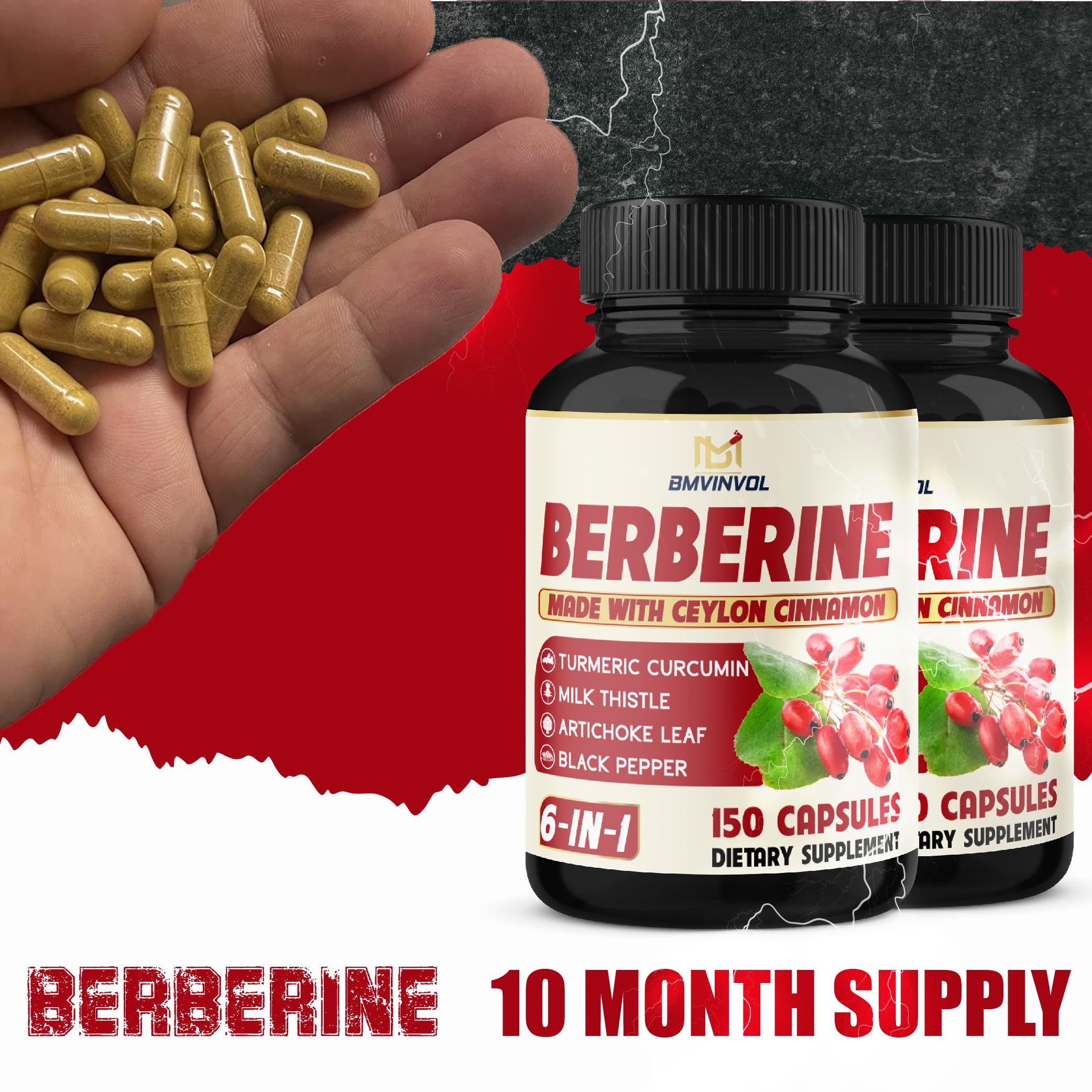 Foto 8 pulgar | Suplementos Bmvinvol Berberine Hcl Con Canela De Ceilán 150 Cápsulas - Venta Internacional.