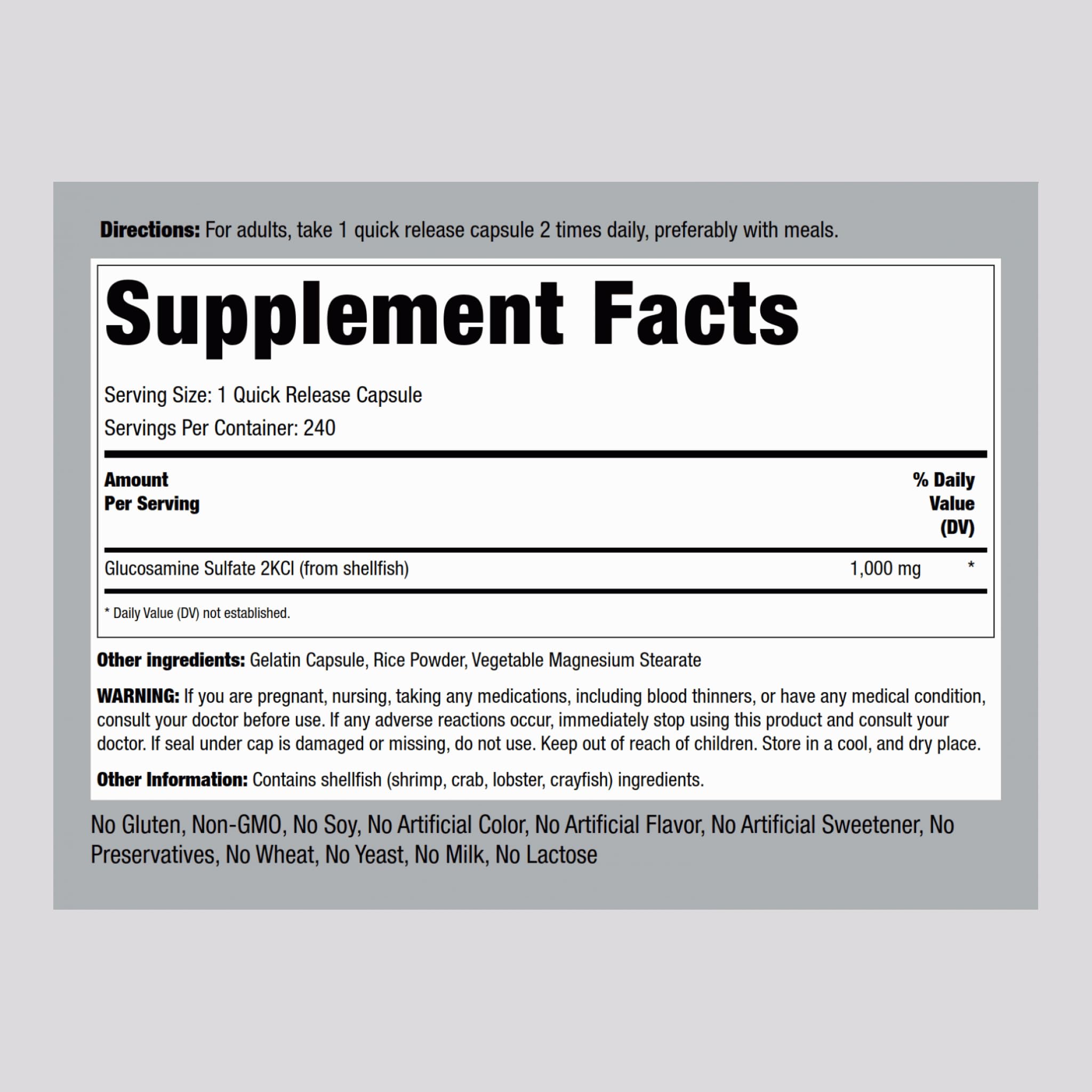 Foto 3 pulgar | Suplemento De Sulfato De Glucosamina Piping Rock  1000 Mg  240 Cápsulas - Venta Internacional.