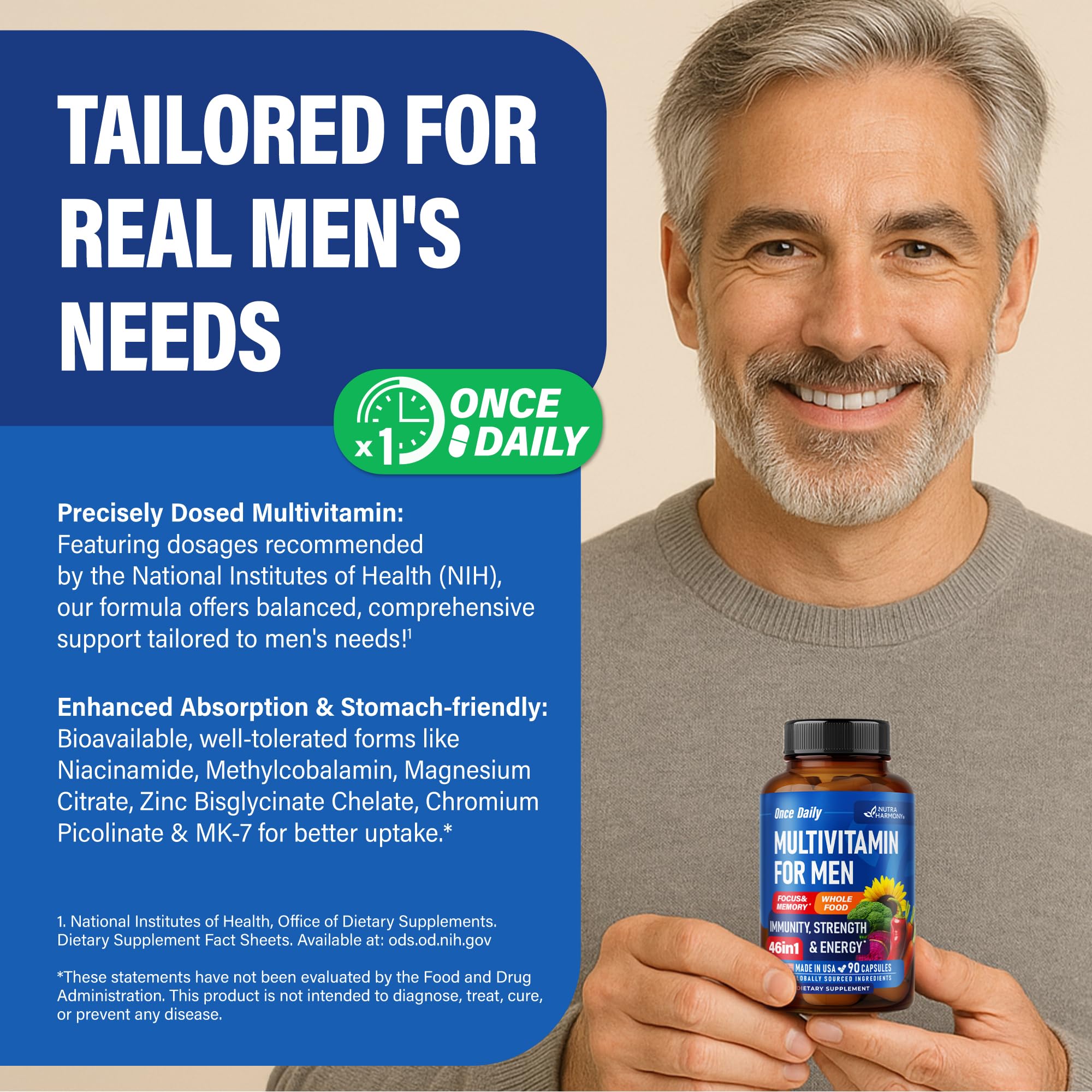Foto 7 pulgar | Multivitamínico Nutraharmony 46 En 1 Para Hombres - 90 Cápsulas - Venta Internacional.