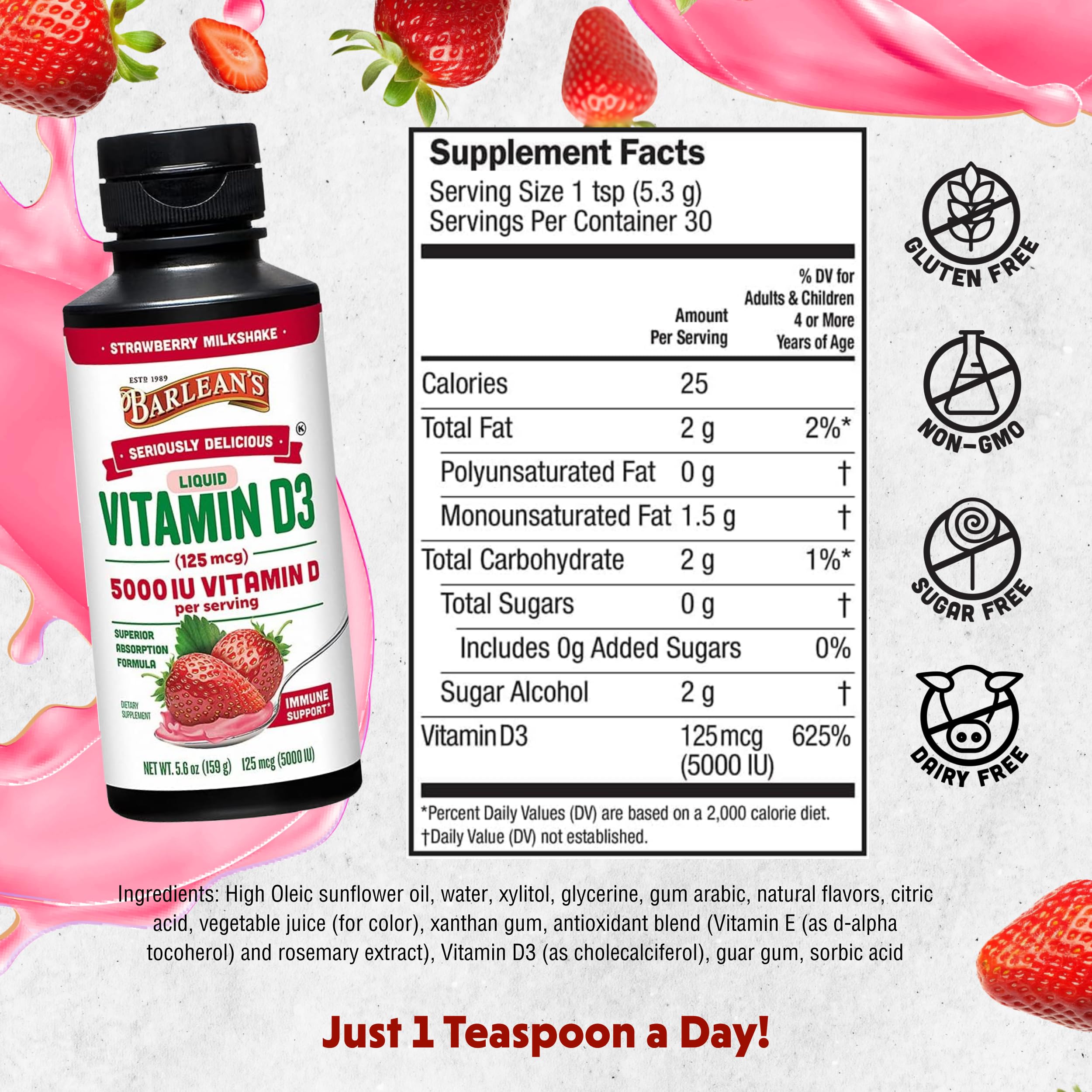 Foto 2 | Suplemento Líquido De Vitamina D3 De Barlean  5000 Ui  Fresa  165 Ml - Venta Internacional.