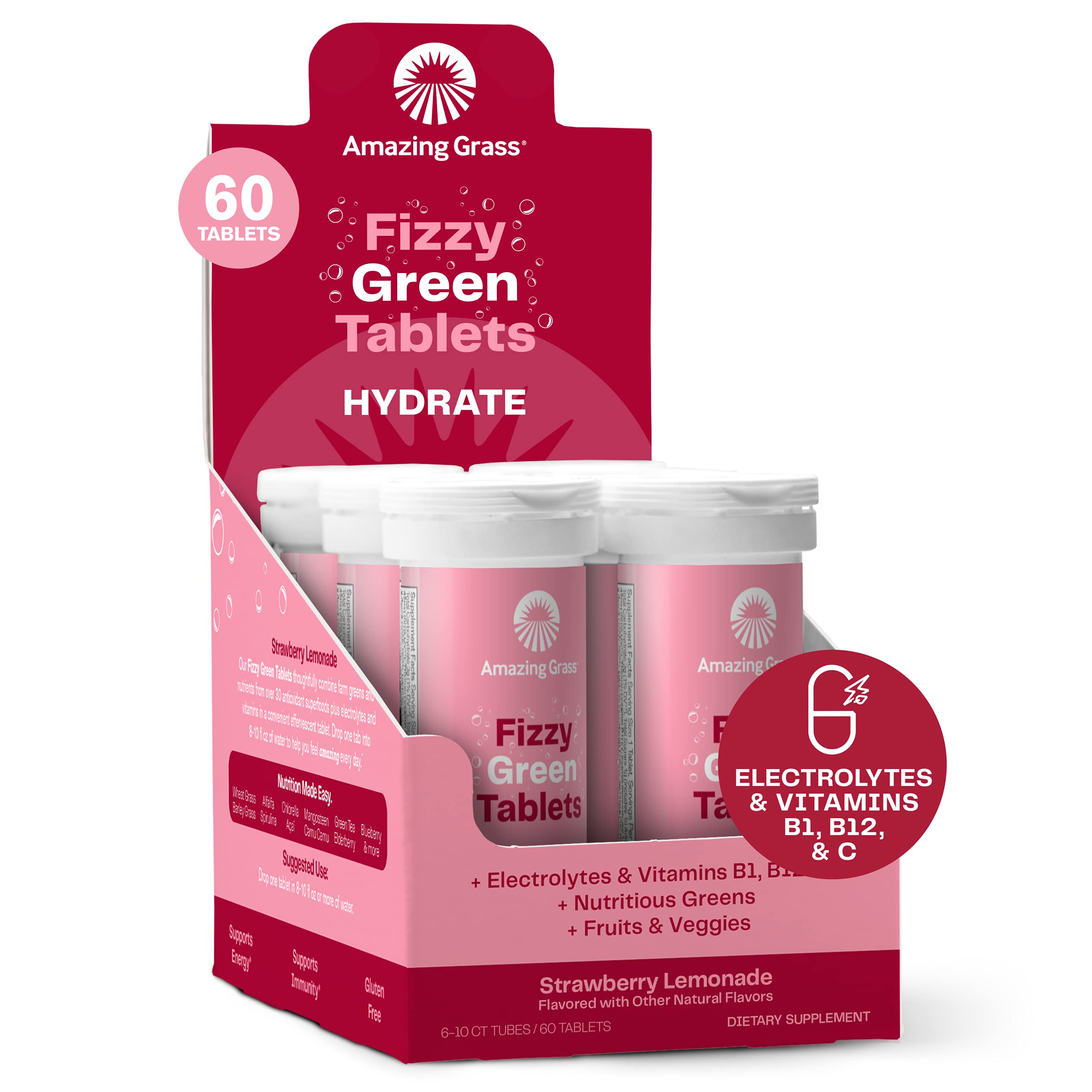 Foto 2 pulgar | Tabletas Electrolíticas Amazing Grass Hydrate Strawberry 60u - Venta Internacional.