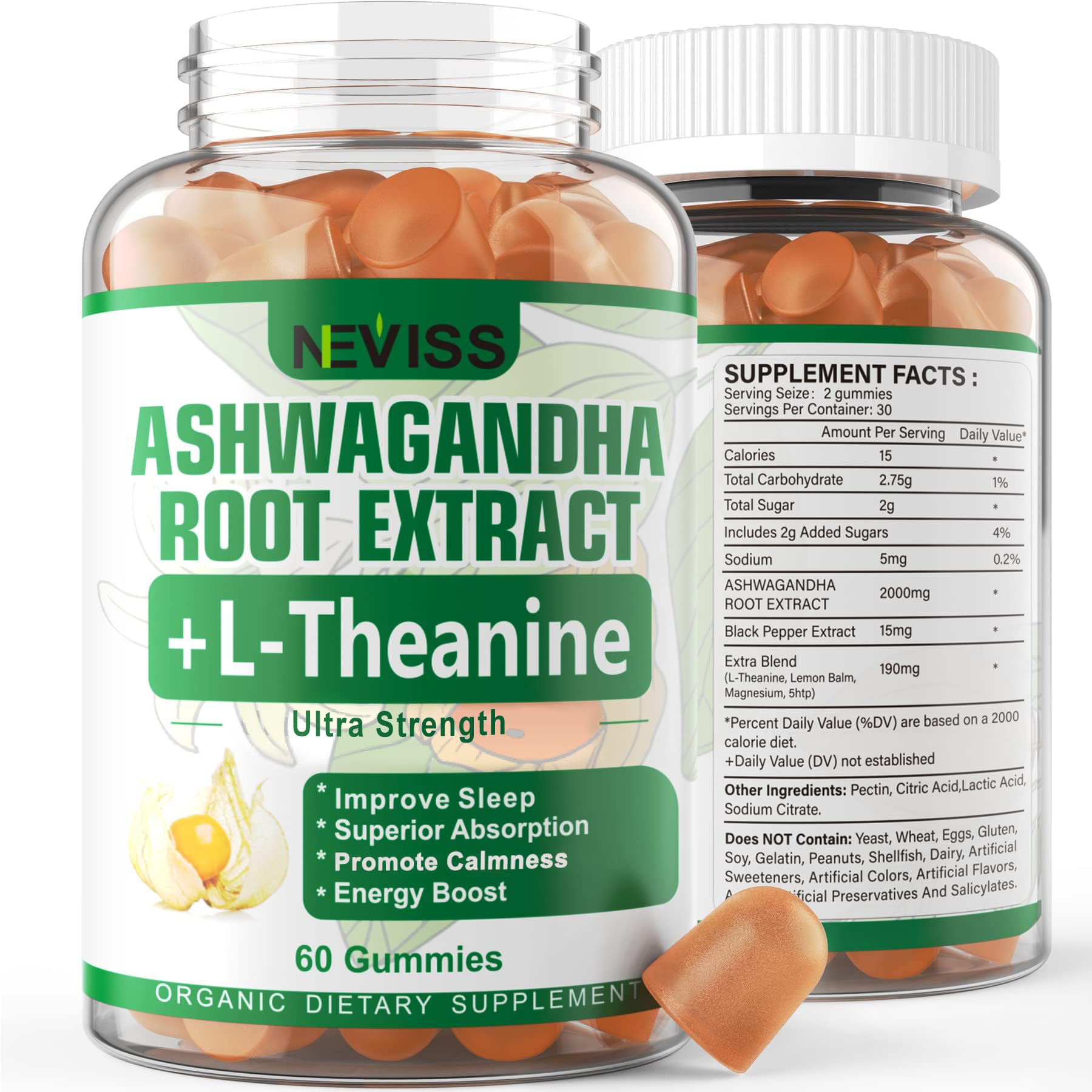 Foto 2 pulgar | Gomitas Neviss Ashwagandha 2000 Mg Con 5-htp  L-teanina 60 Unidades - Venta Internacional.