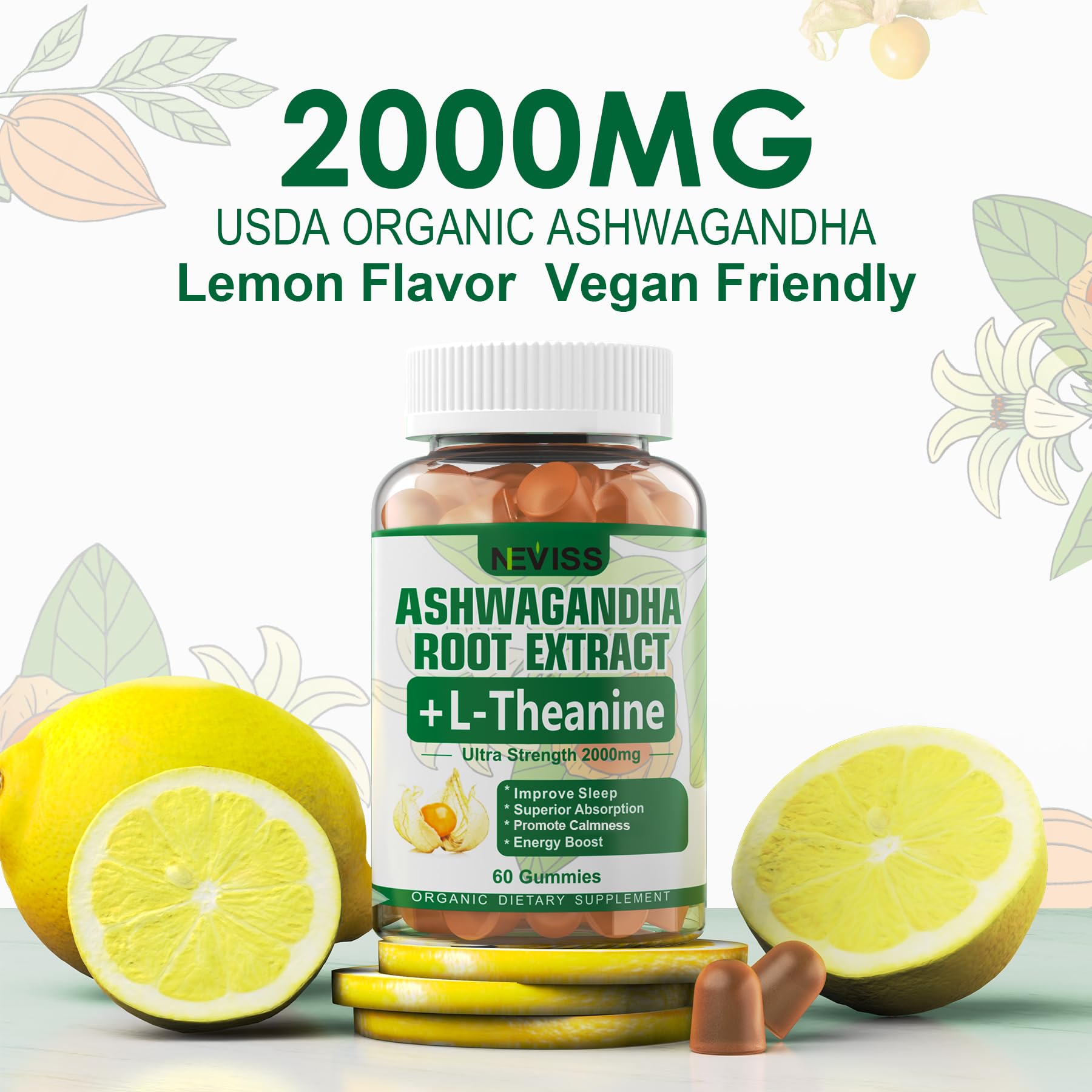 Foto 7 pulgar | Gomitas Neviss Ashwagandha 2000 Mg Con 5-htp  L-teanina 60 Unidades - Venta Internacional.