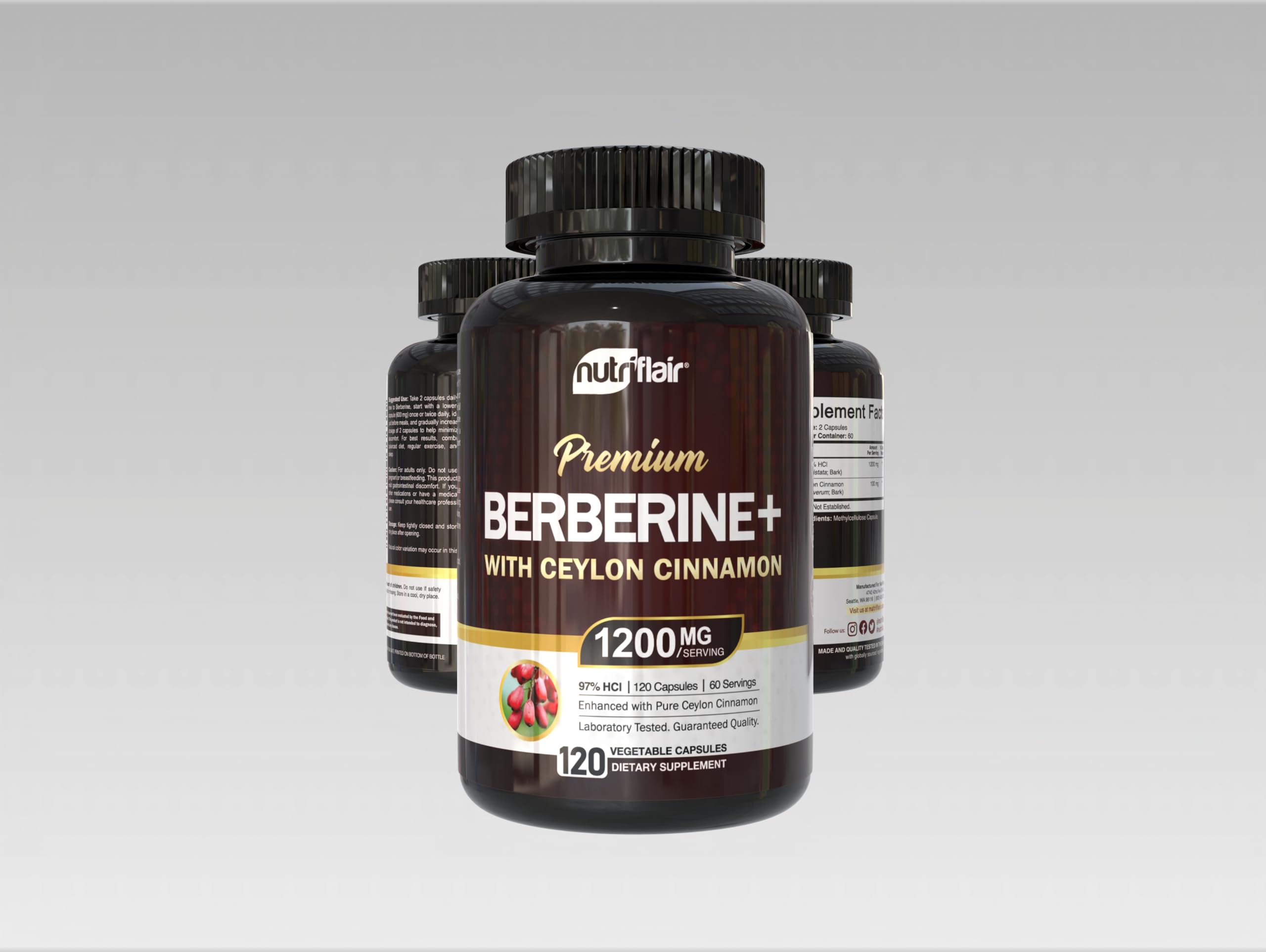 Foto 5 pulgar | Suplemento Nutriflair Berberine Hcl 97% Con Canela De Ceilán 120 Cápsulas - Venta Internacional.