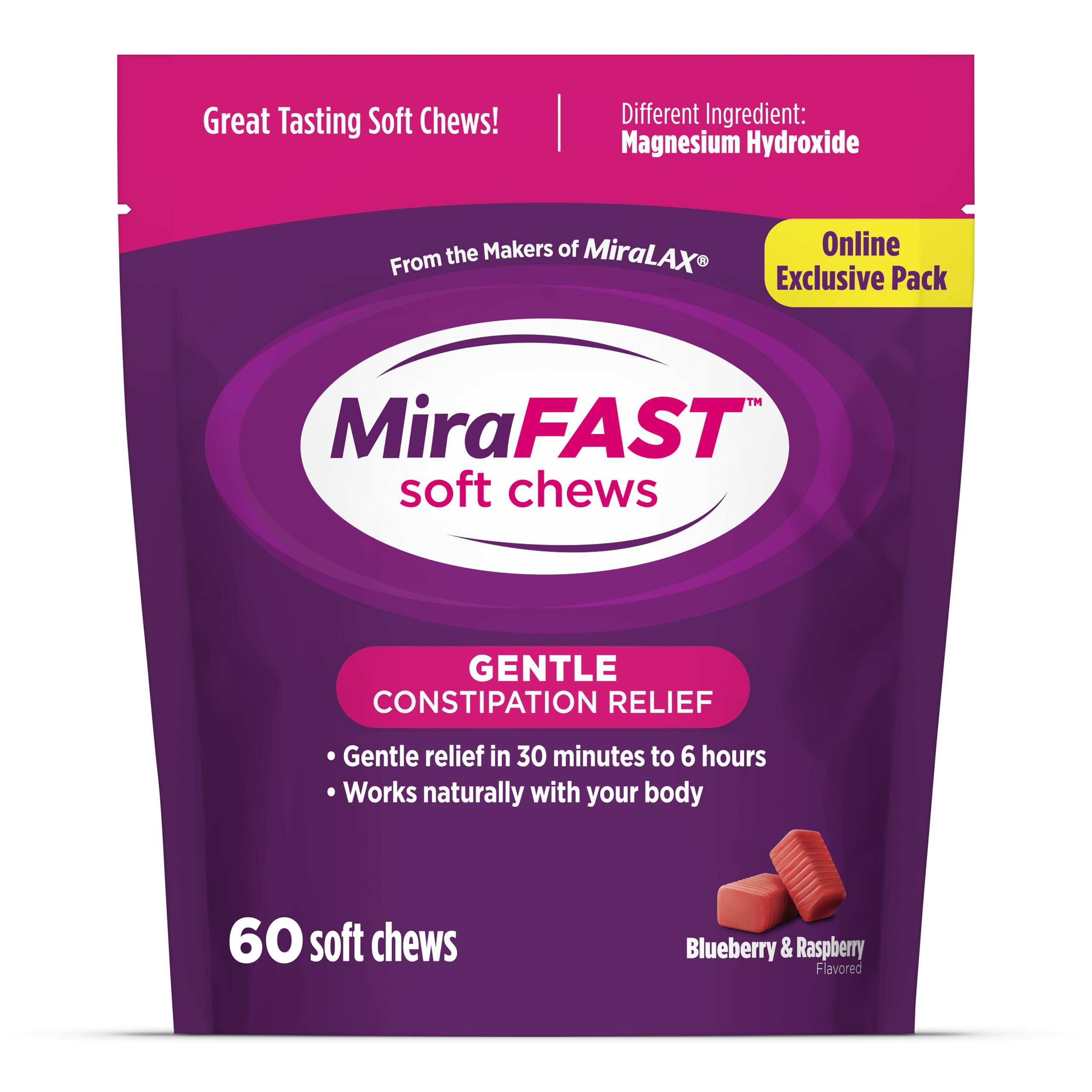 Foto 2 pulgar | Laxante Miralax Mirafast Soft Chews  60 Unidades  Arándanos Y Frambuesas - Venta Internacional.