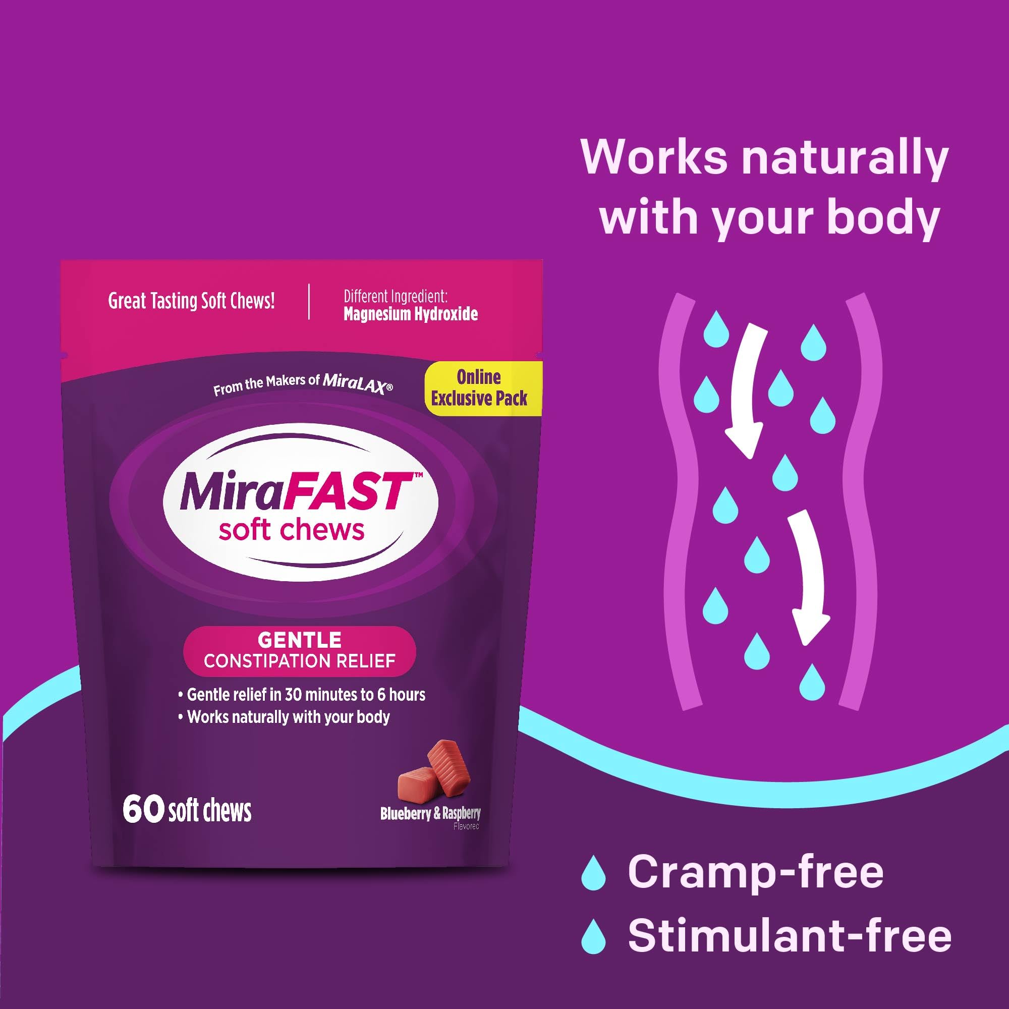 Foto 5 pulgar | Laxante Miralax Mirafast Soft Chews  60 Unidades  Arándanos Y Frambuesas - Venta Internacional.
