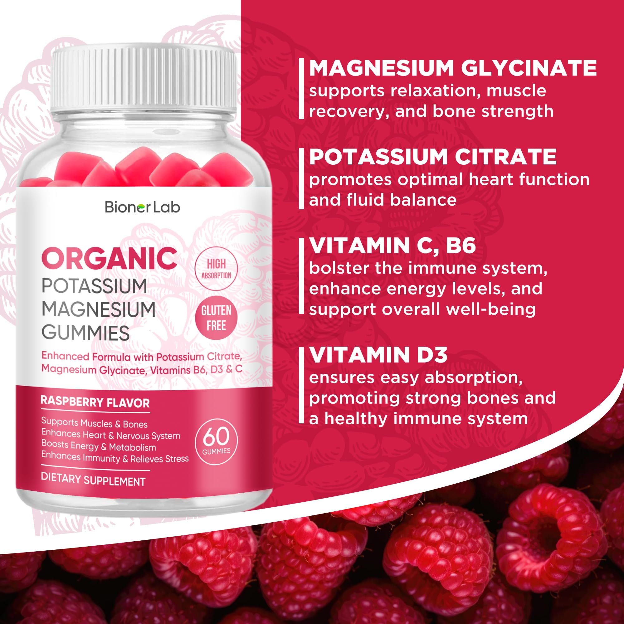 Foto 3 pulgar | Complemente Las Gomitas De Potasio Y Magnesio Bionerlab Con Vitamina D3 - Venta Internacional.