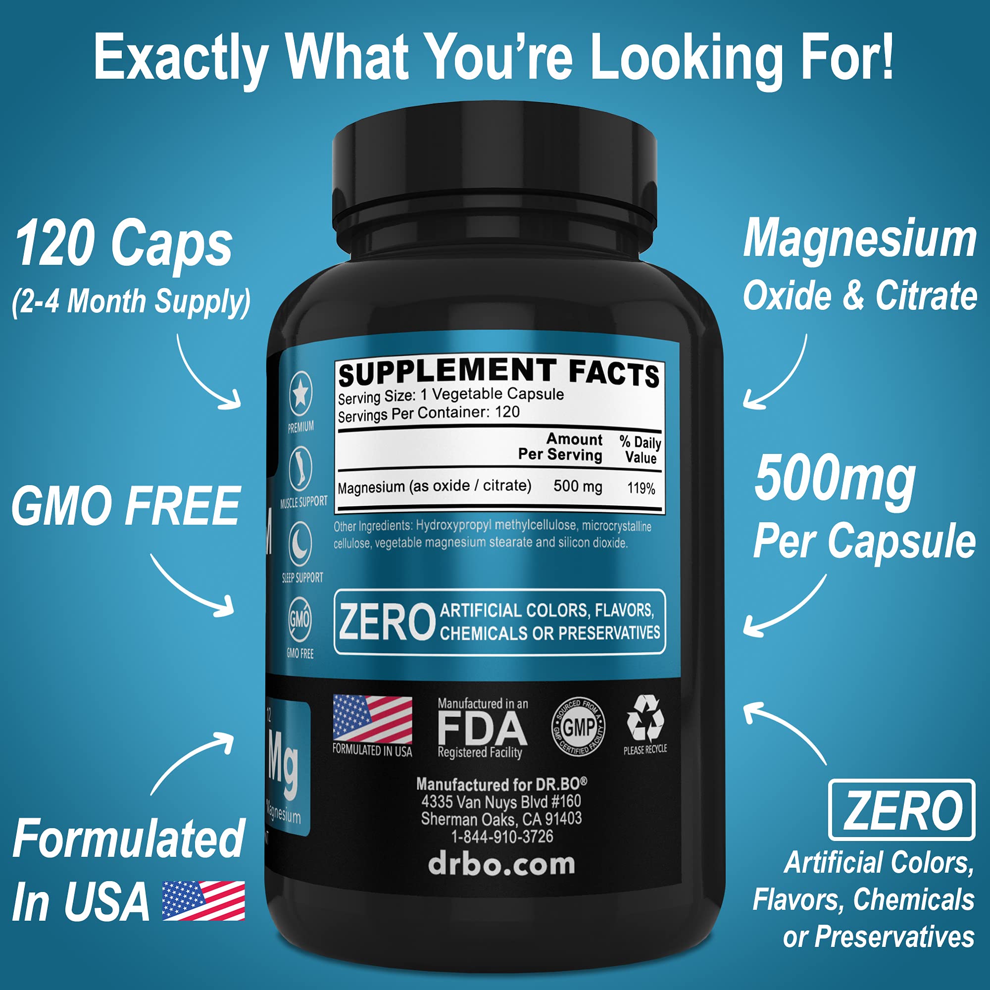 Foto 6 pulgar | Suplemento Dr. Bo Magnesium Complex 500 Mg 120 Cápsulas - Venta Internacional.