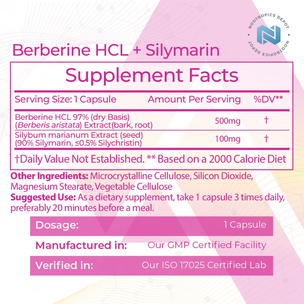 Foto 3 pulgar | Suplemento Nootropics Depot Berberine Hcl + Silimarina 500 Mg - Venta Internacional.