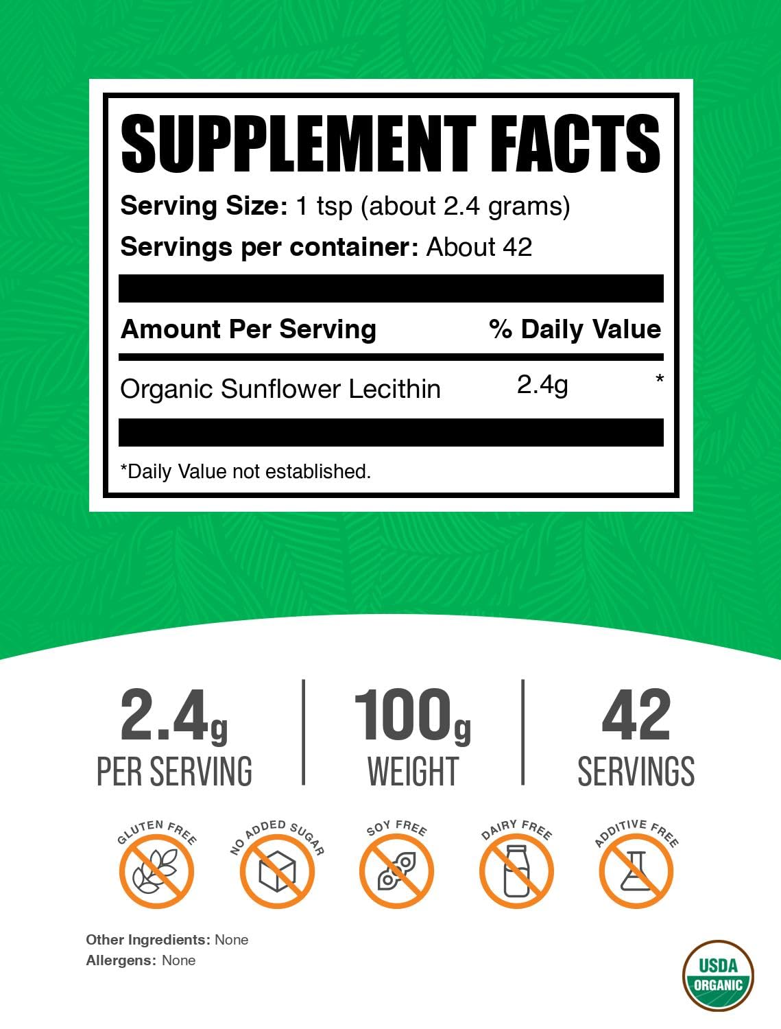 Foto 3 pulgar | Suplemento Bulksupplements.com Lecitina De Girasol Orgánica 100 G - Venta Internacional.