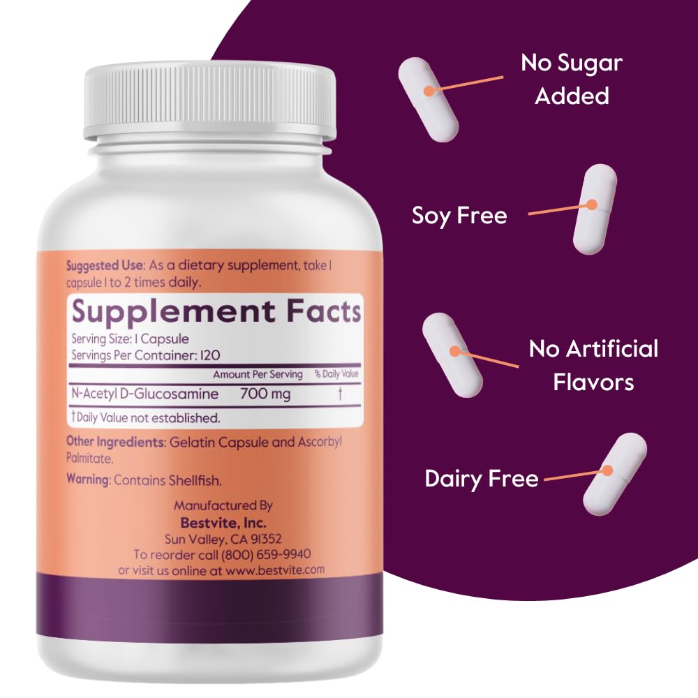 Foto 4 pulgar | Suplemento Bestvite De N-acetil Glucosamina (n-a-g) 700 Mg 120 Cápsulas - Venta Internacional.
