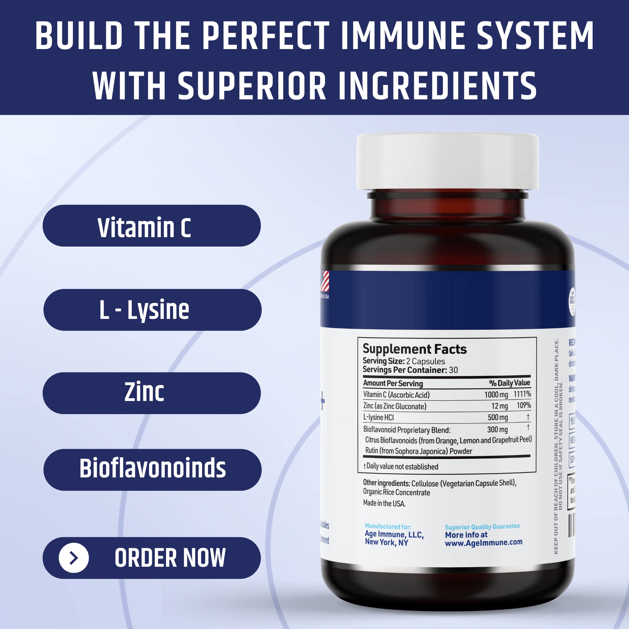 Foto 3 pulgar | Suplementos Ageimmune De Vitamina C  1000 Mg  Complejo De L-lisina  500 Mg - Venta Internacional.