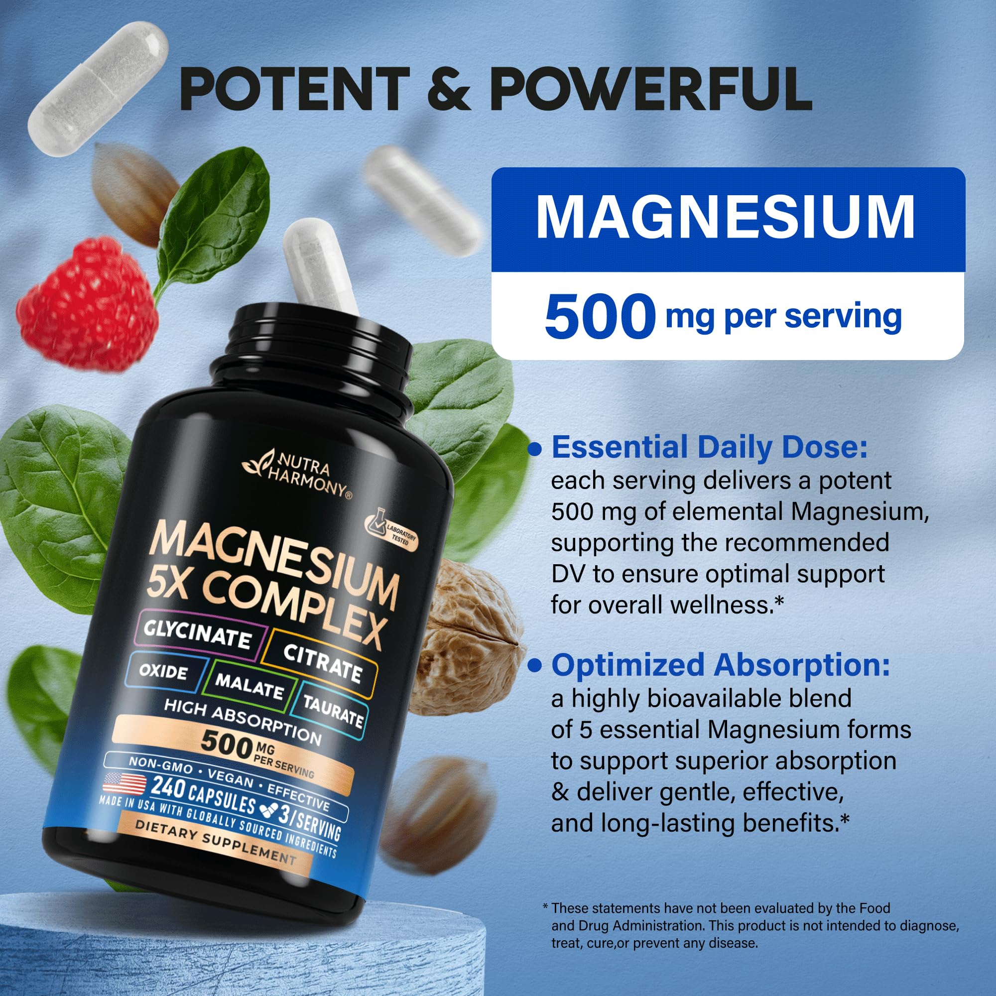 Foto 4 | Suplemento De Magnesio Nutraharmony  Complejo 5 En 1  500 Mg  240 Cápsulas - Venta Internacional.
