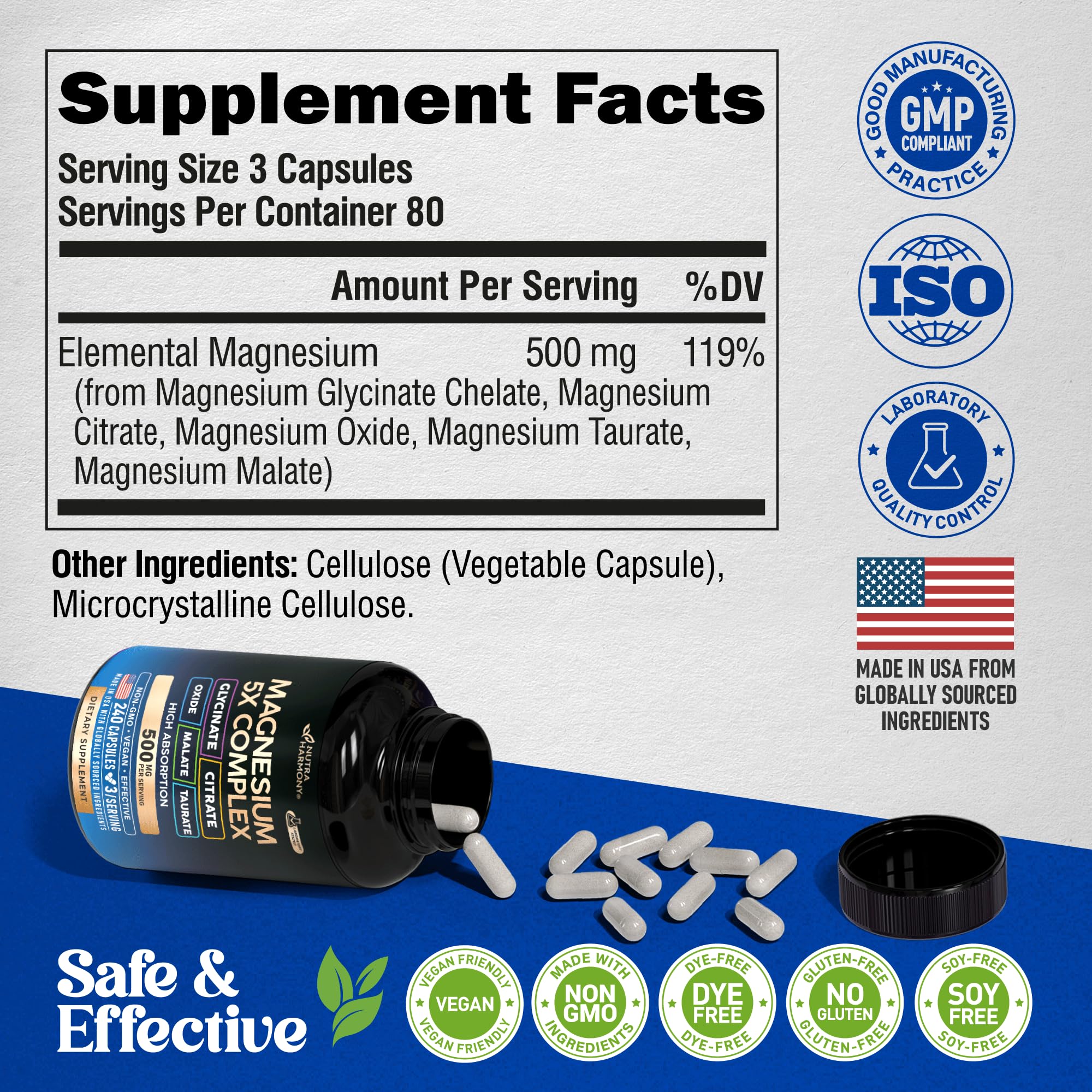Foto 7 pulgar | Suplemento De Magnesio Nutraharmony  Complejo 5 En 1  500 Mg  240 Cápsulas - Venta Internacional.