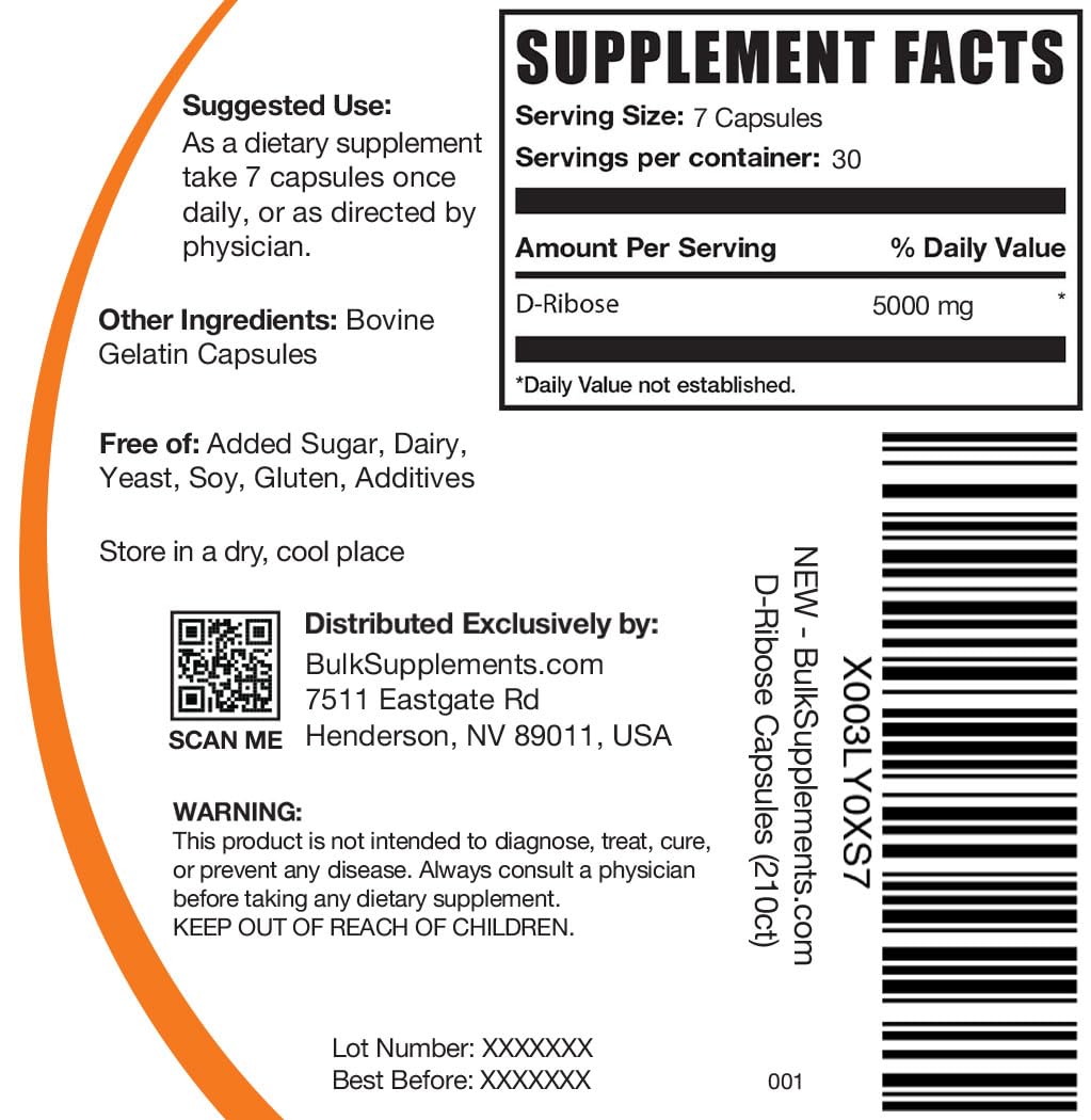 Foto 3 pulgar | Suplemento Bulksupplements.com D-ribosa 5000 Mg 210 Cápsulas - Venta Internacional.