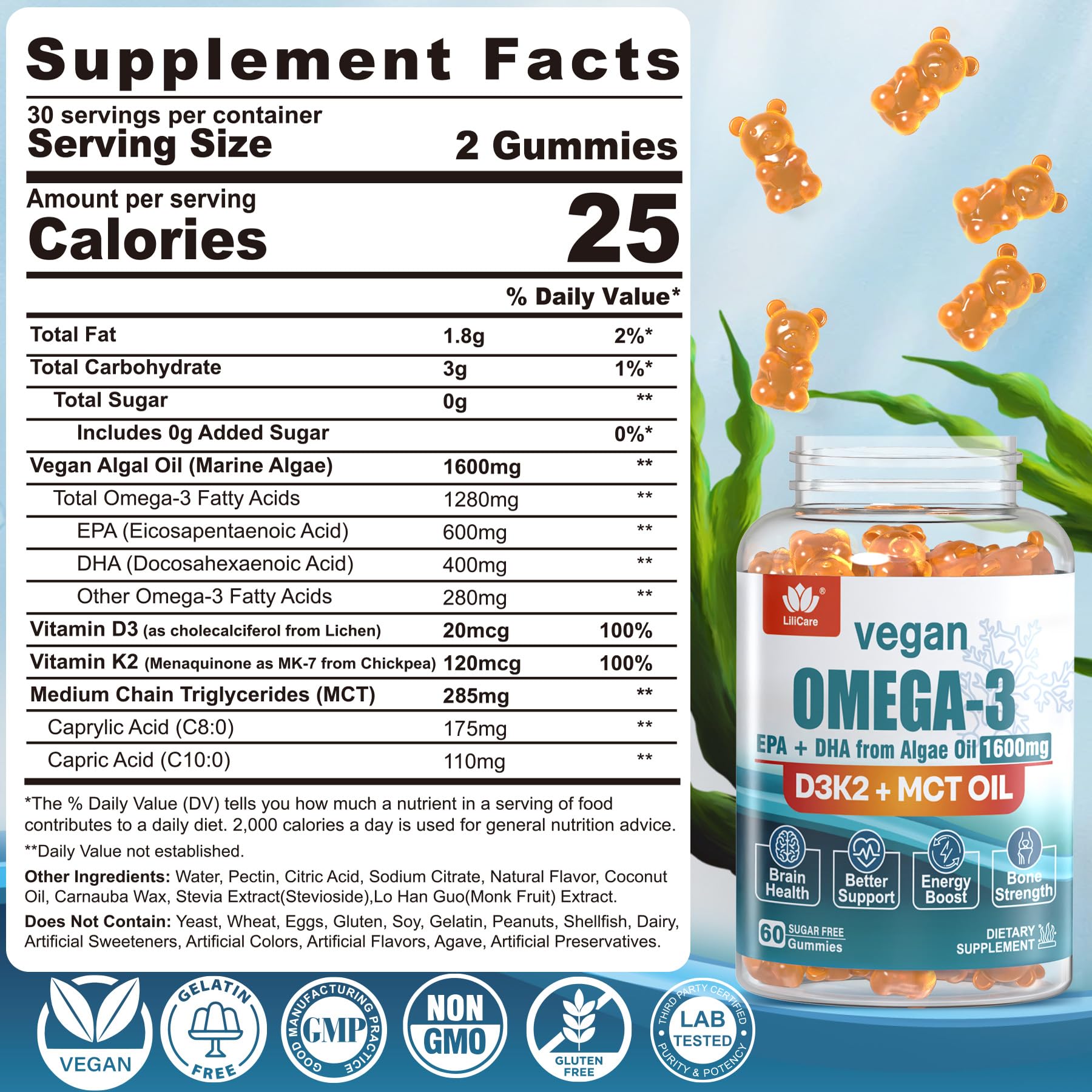 Foto 3 pulgar | Suplemento De Gomitas Veganas Con Omega 3 De Lilicare De 1280 Mg Con Vitamina D3 K2 - Venta Internacional.