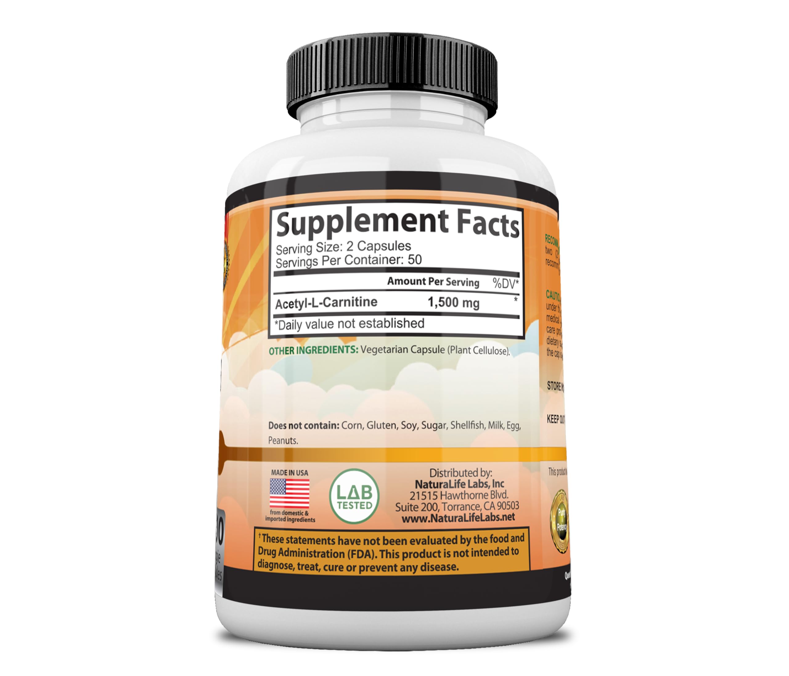 Foto 6 pulgar | Suplemento Naturalife Labs Acetil L-carnitina 1500 Mg - 100 Cápsulas - Venta Internacional.