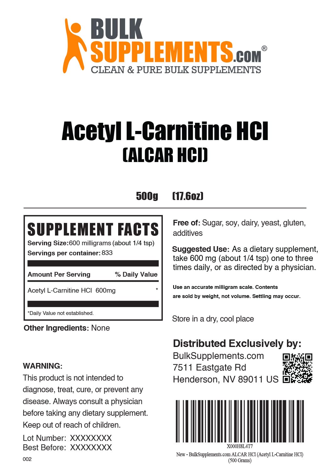 Foto 3 pulgar | Suplemento Bulksupplements.com Acetil L-carnitina 1500 Mg 500 G - Venta Internacional.