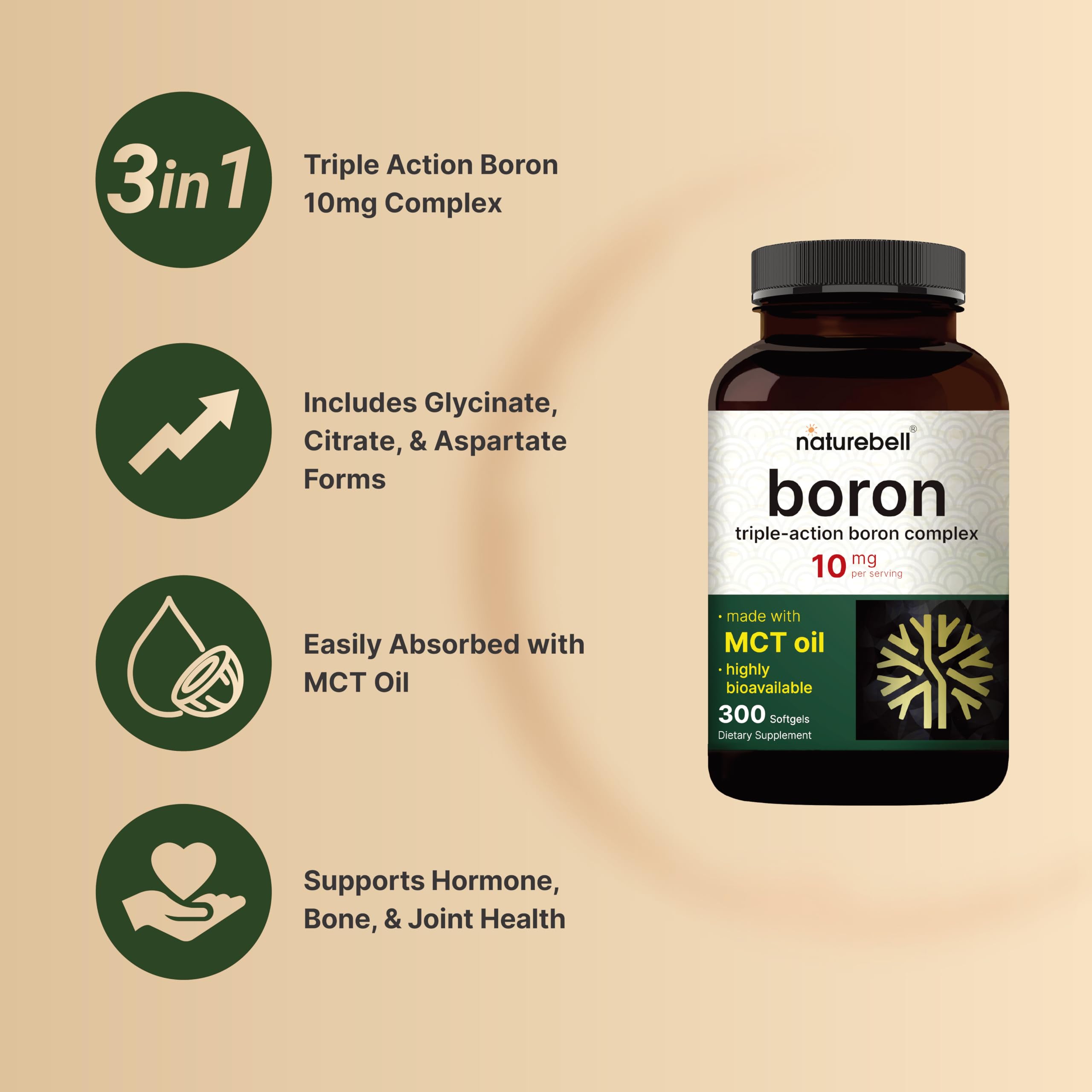 Foto 3 | Suplemento Naturebell Boron 10 Mg 300 Cápsulas Blandas Con Aceite Mct - Venta Internacional.