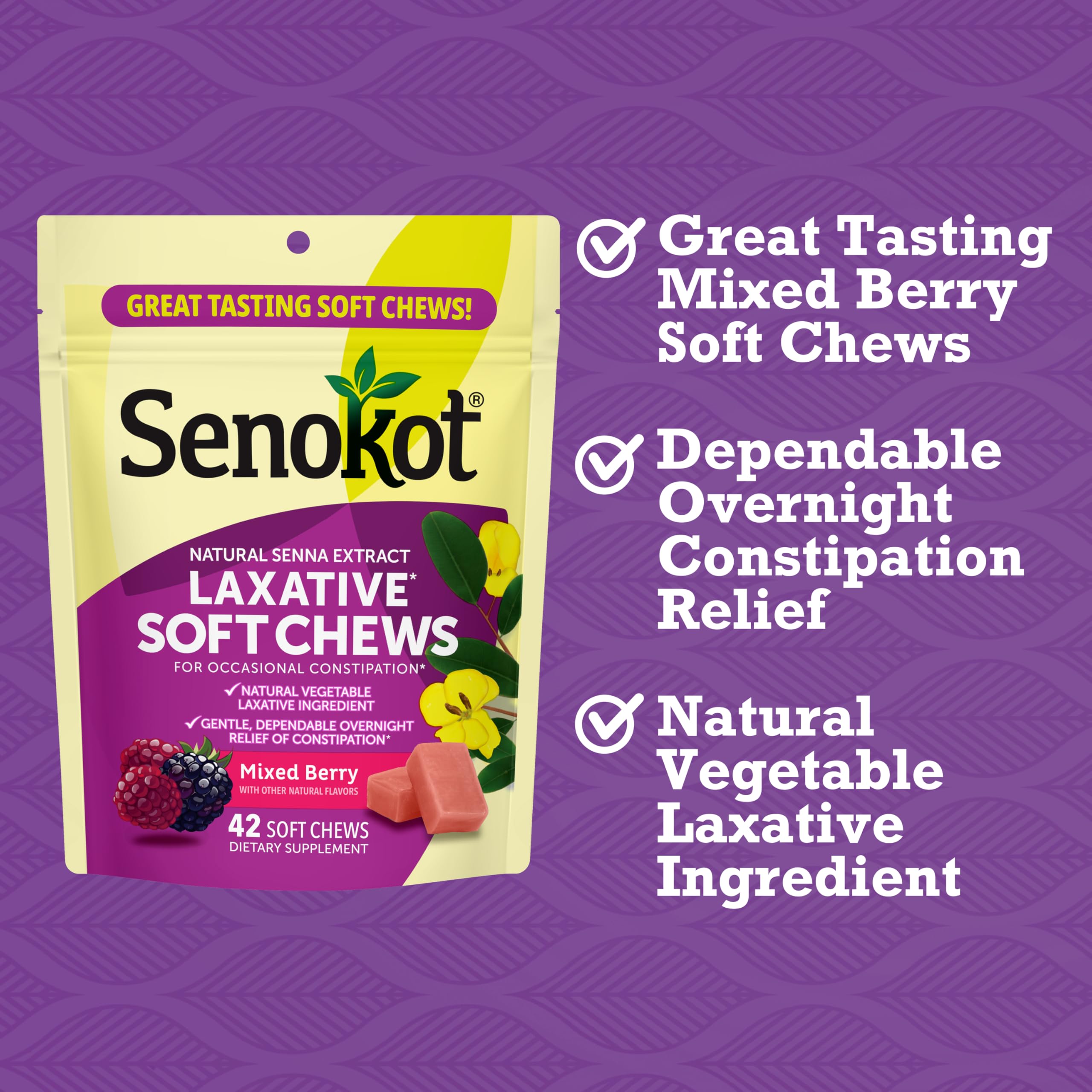 Foto 2 | Masticables Laxantes Senokot Overnight Relief 42 Mixed Berry - Venta Internacional.