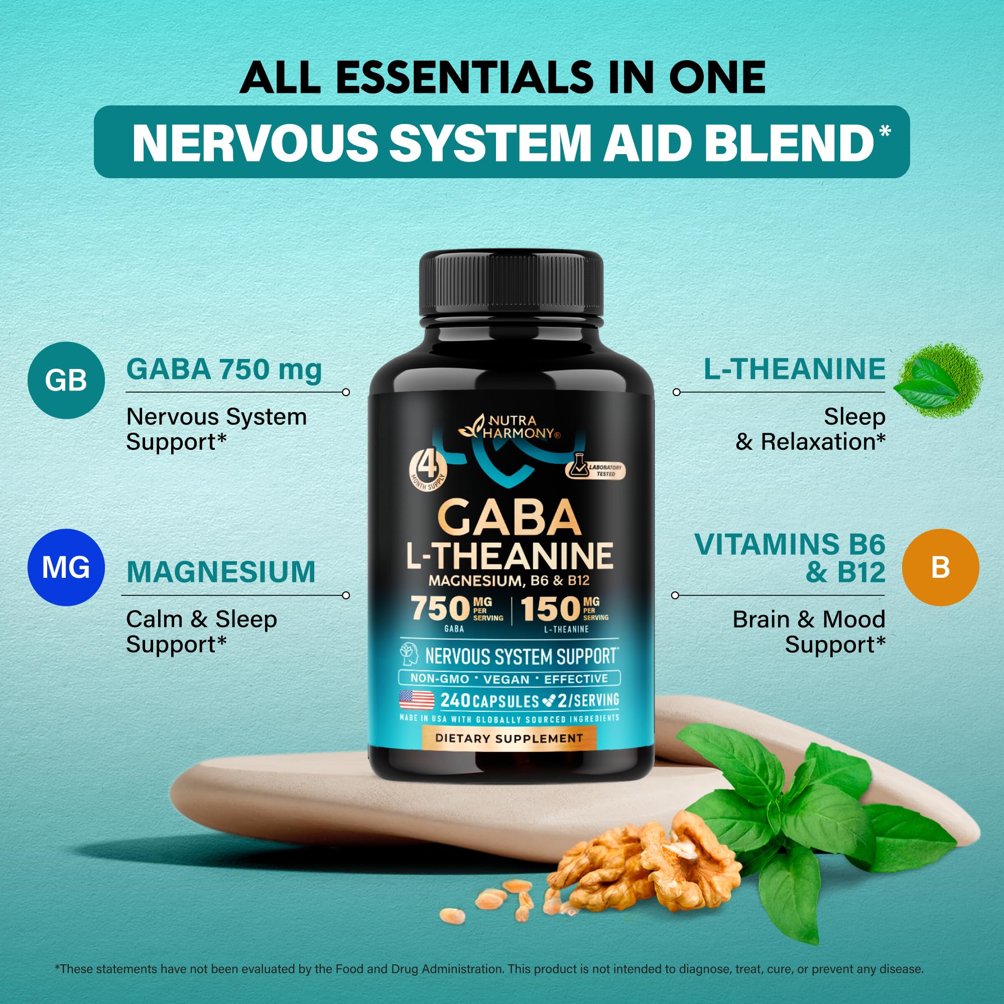 Foto 5 pulgar | Suplemento De Gaba Nutraharmony 900 Mg Con L-teanina Y Magnesio - Venta Internacional.
