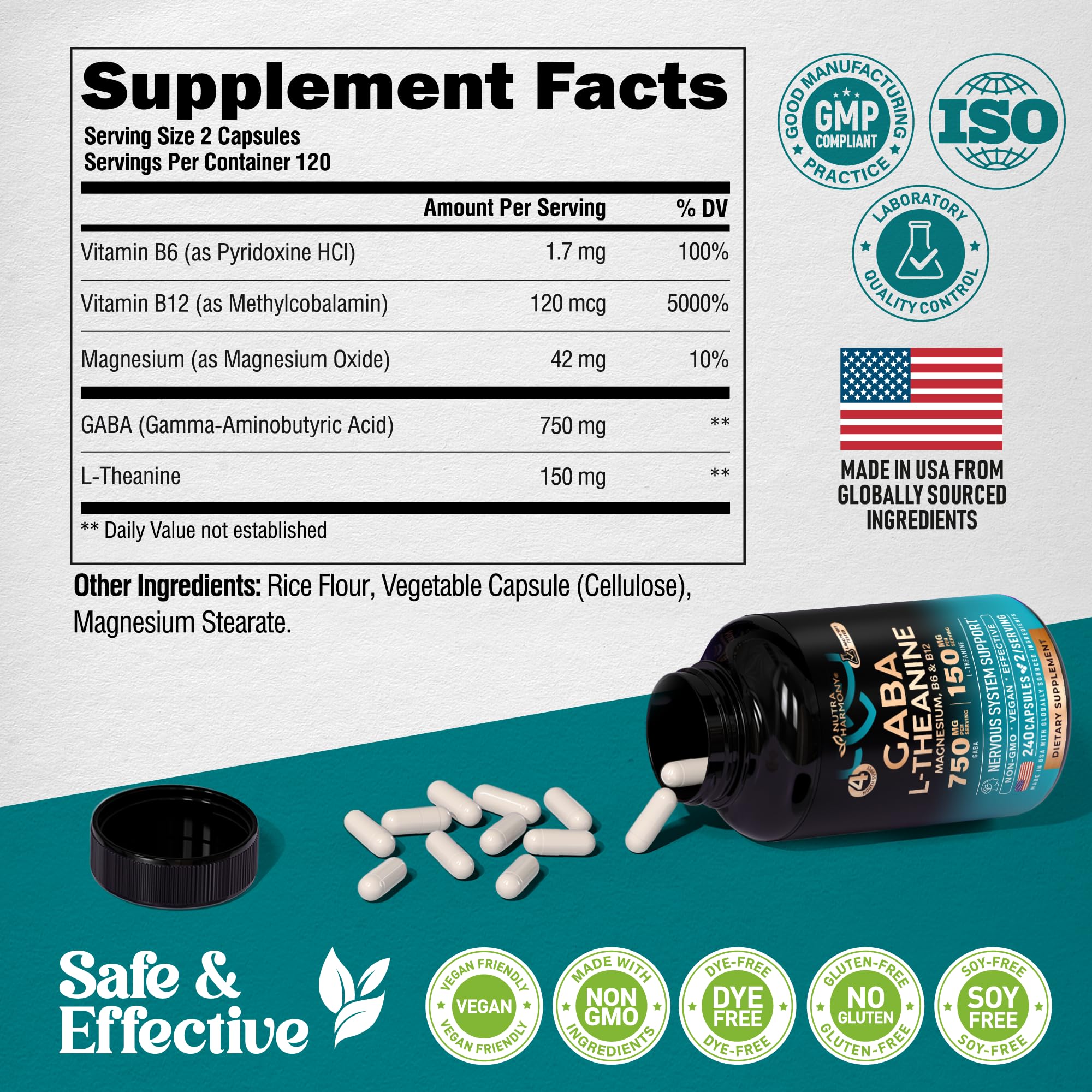 Foto 7 pulgar | Suplemento De Gaba Nutraharmony 900 Mg Con L-teanina Y Magnesio - Venta Internacional.
