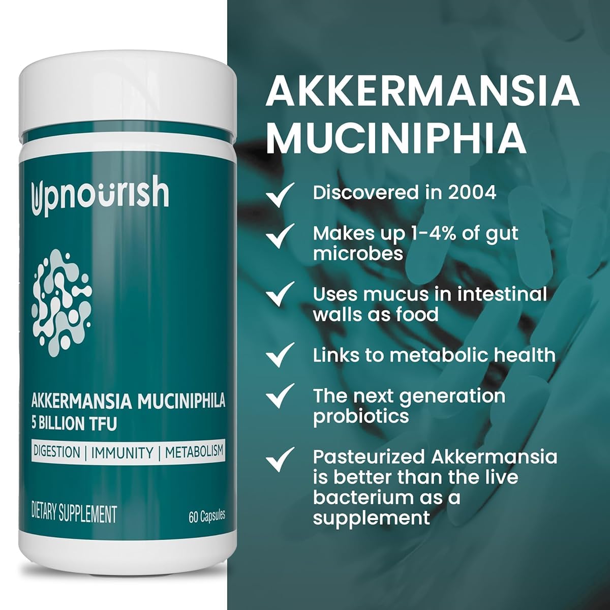 Foto 3 pulgar | Suplemento Upnourish Probiotics  5 Mil Millones De Tfu Akkermansia  60 Cápsulas - Venta Internacional.