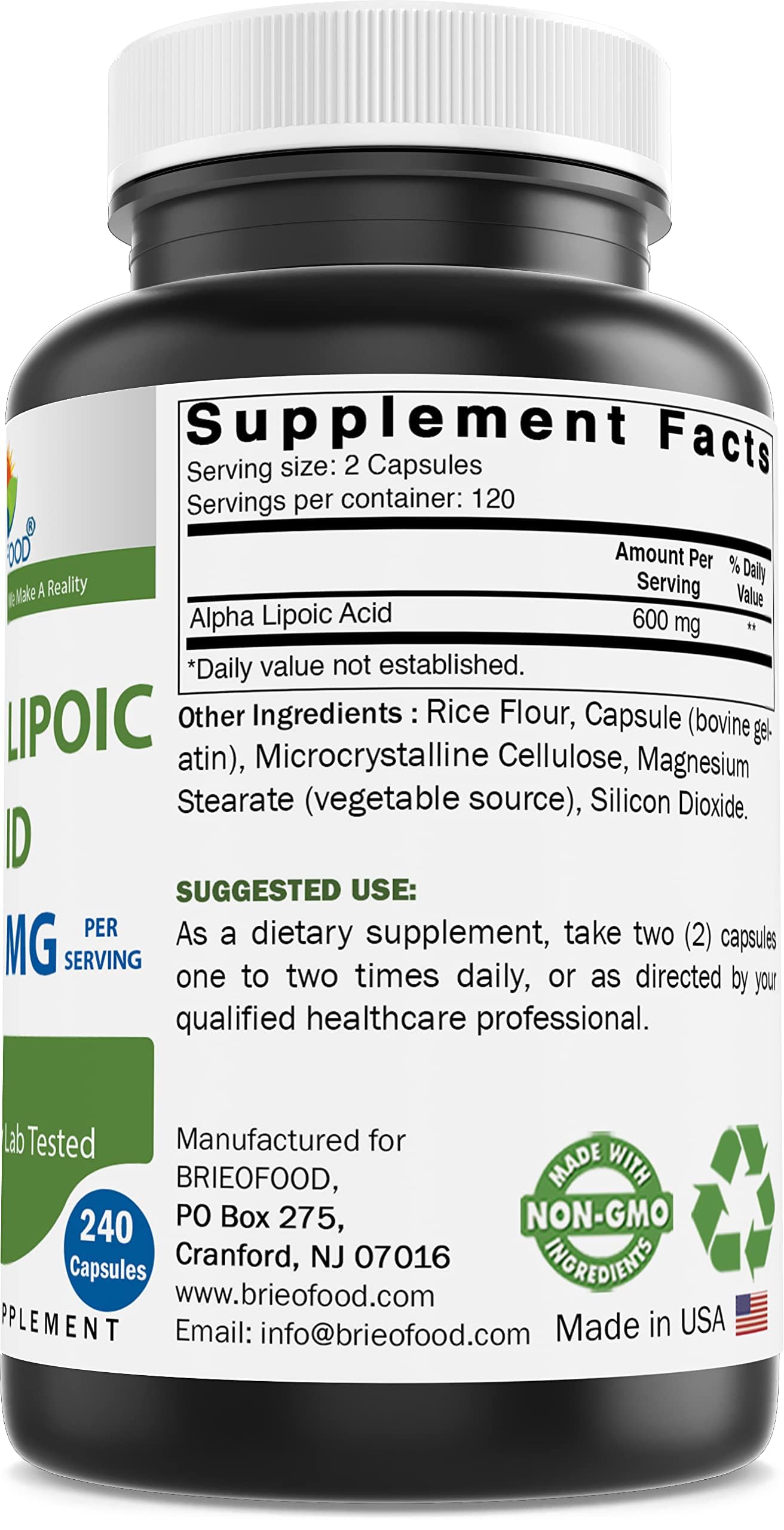Foto 3 pulgar | Suplemento Brieofood De Ácido Alfa Lipoico 600 Mg 240 Cápsulas - Venta Internacional.