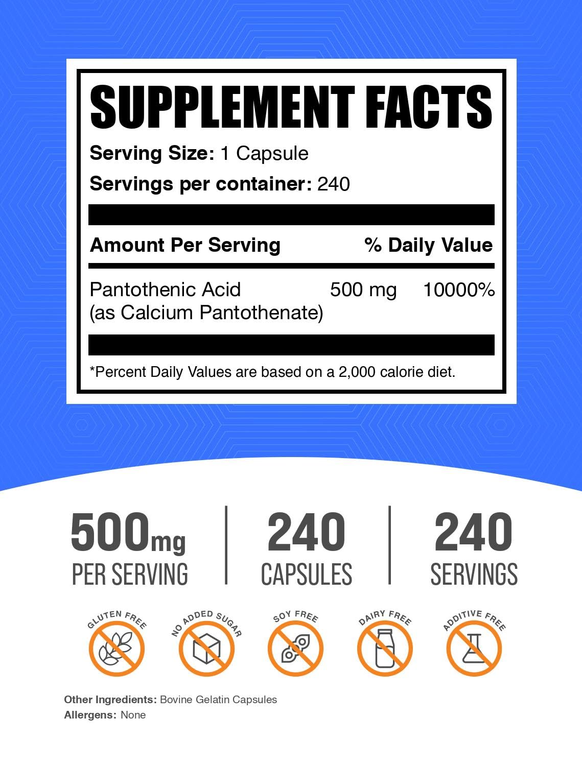 Foto 3 pulgar | Suplemento Bulksupplements.com Vitamina B5 Ácido Pantoténico 500 Mg - Venta Internacional.