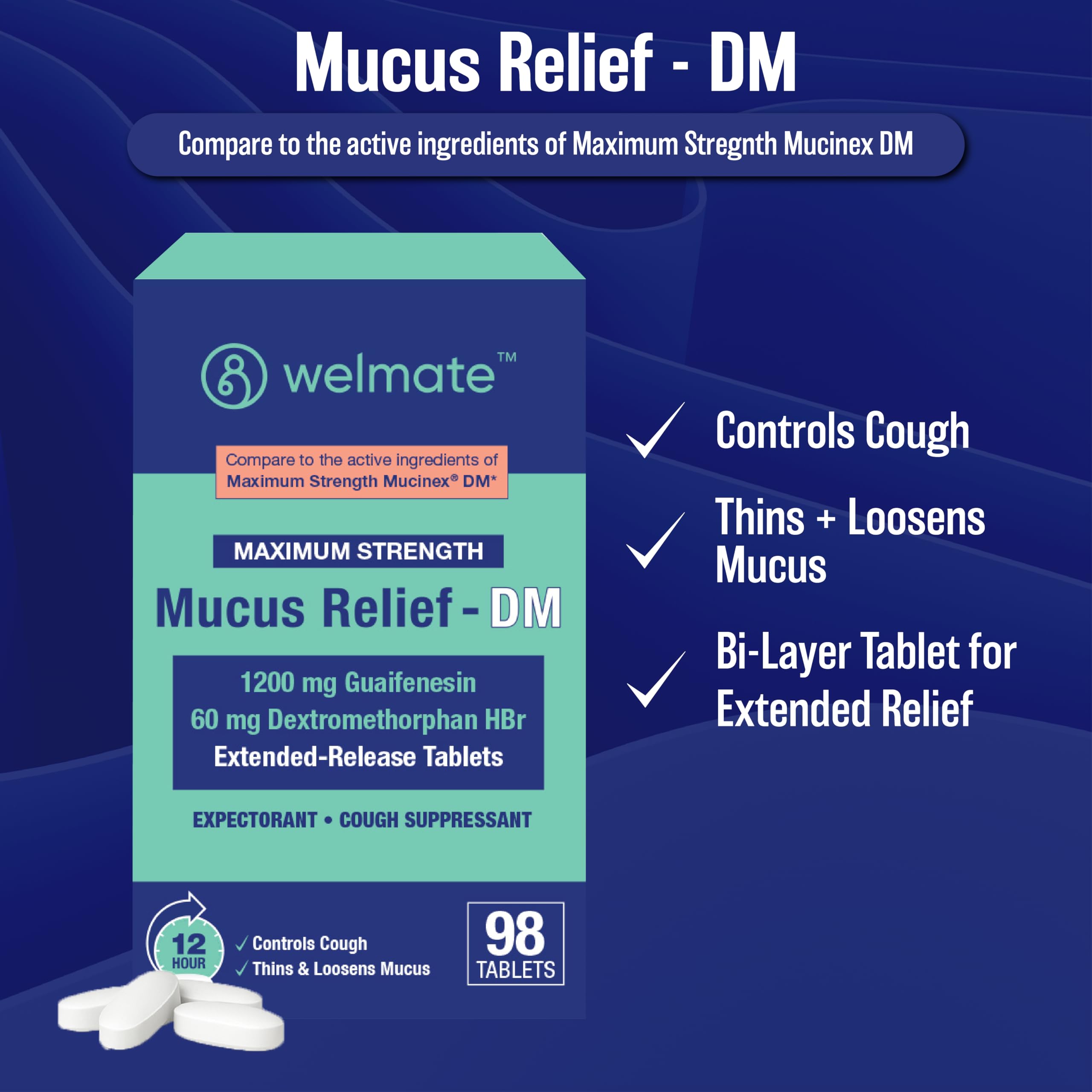 Foto 3 pulgar | Tabletas Welmate Maximum Strength Mucus Relief Dm 1200 Mg - Venta Internacional.