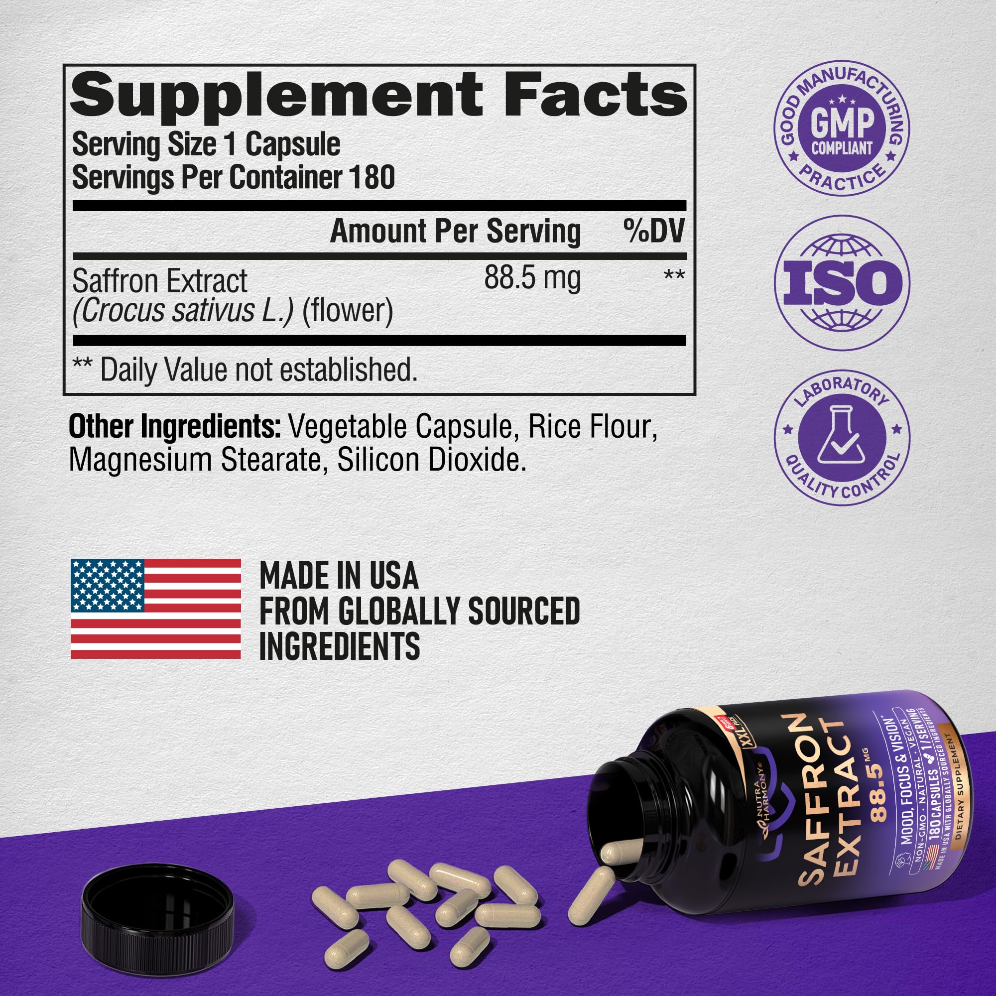 Foto 6 pulgar | Suplemento Nutraharmony Extracto De Azafrán 88 5 Mg 180 Cápsulas - Venta Internacional.