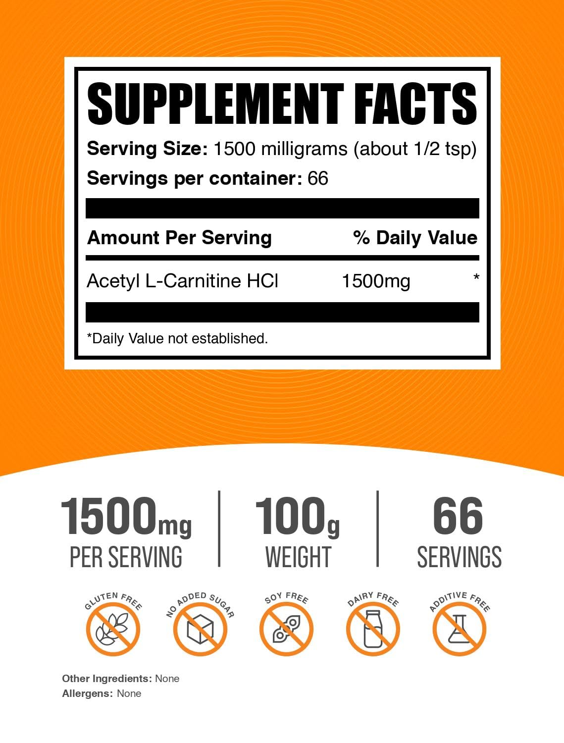 Foto 3 pulgar | Suplemento Bulksupplements.com Acetil L-carnitina 1500 Mg 100 G - Venta Internacional.