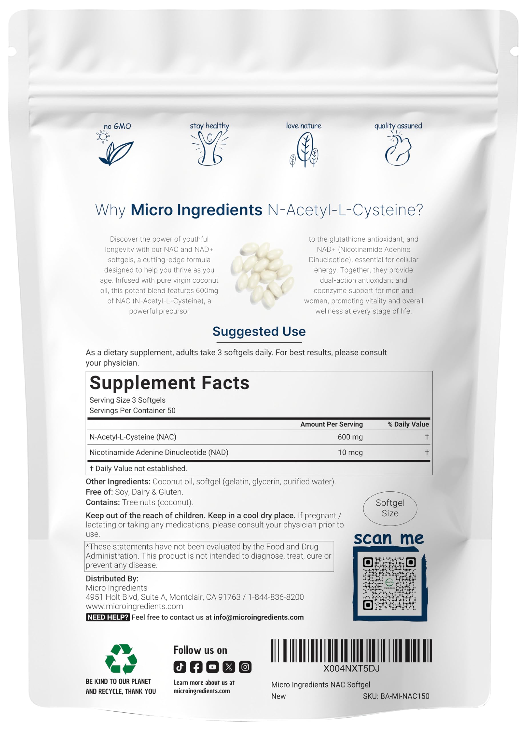 Foto 3 pulgar | Complemente Microingredientes Nac 600 Mg Con Nad+ 150 Cápsulas Blandas - Venta Internacional.