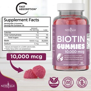 Foto 2 | Gomitas De Biotina New Age Para Cabello Piel Y Uñas 10 000 Mcg 120 Unidades - Venta Internacional.