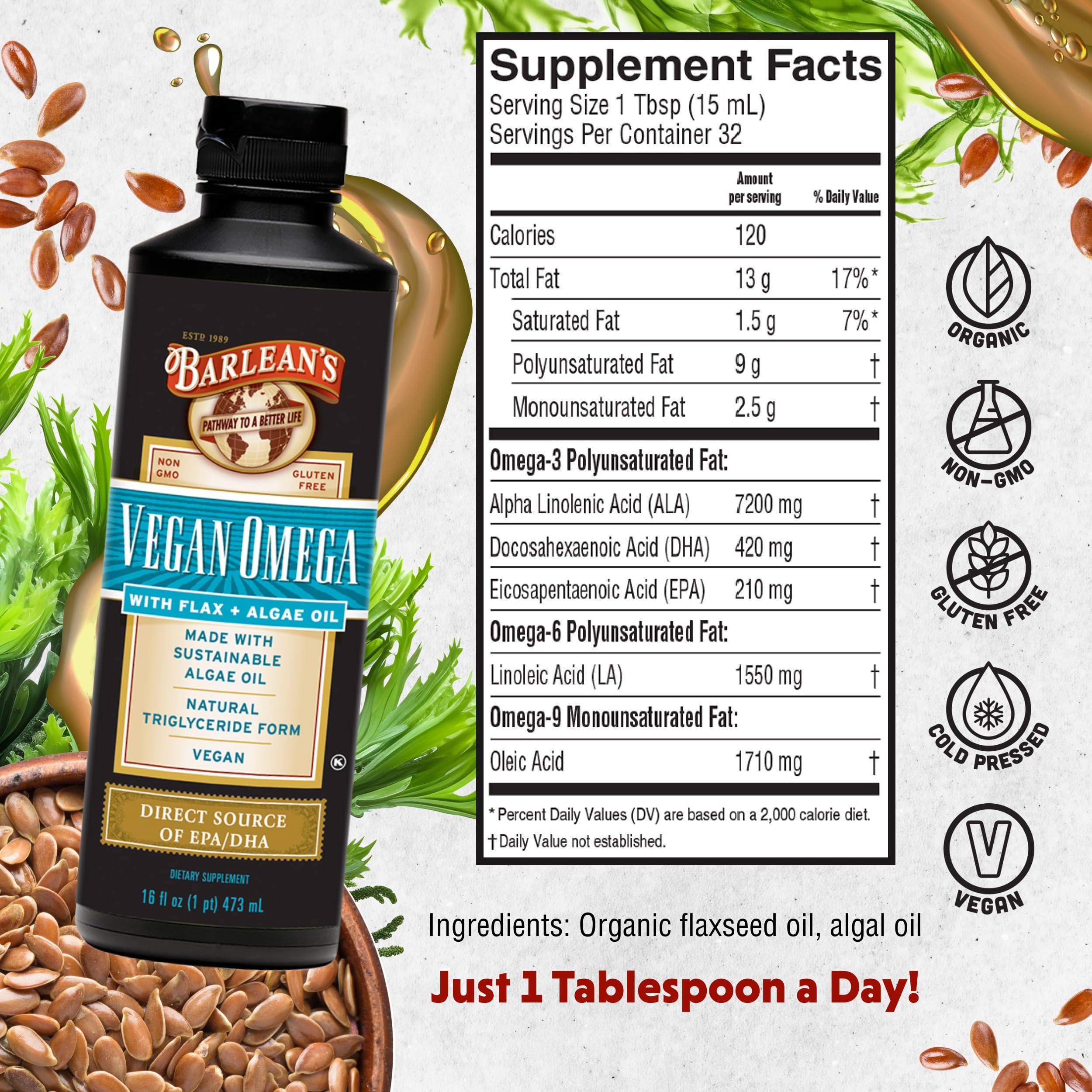 Foto 3 pulgar | Suplemento De Aceite Líquido De Lino Y Algas Vegan Omega De Barlean  480 Ml - Venta Internacional.