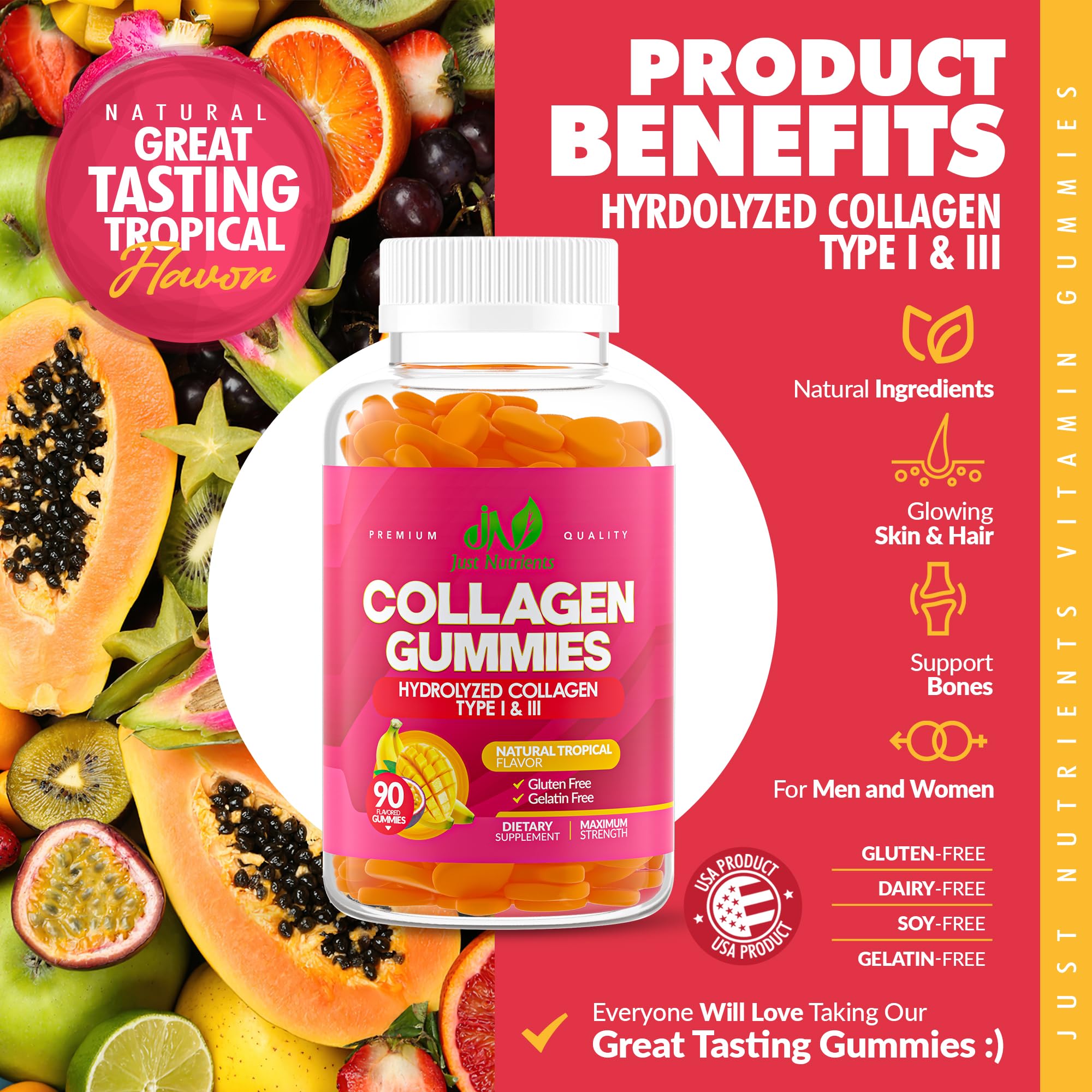Foto 3 | Gomitas De Colágeno Just Nutrients Hidrolizadas Tipo I Y Iii 90 - Venta Internacional.