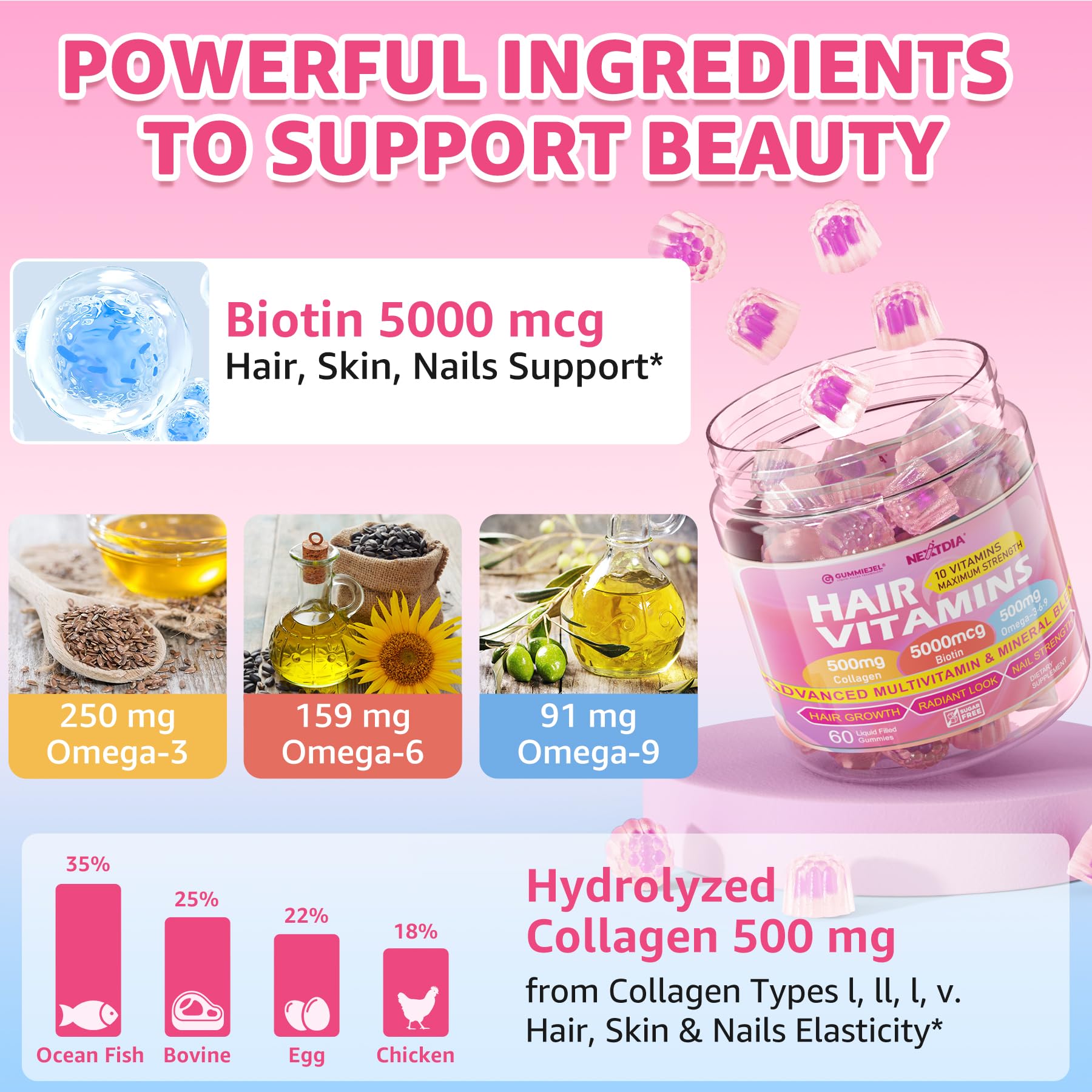 Foto 4 | Gominolas De Vitaminas Para El Cabello Nextdia Con Péptidos De Colágeno Y Biotina - Venta Internacional.