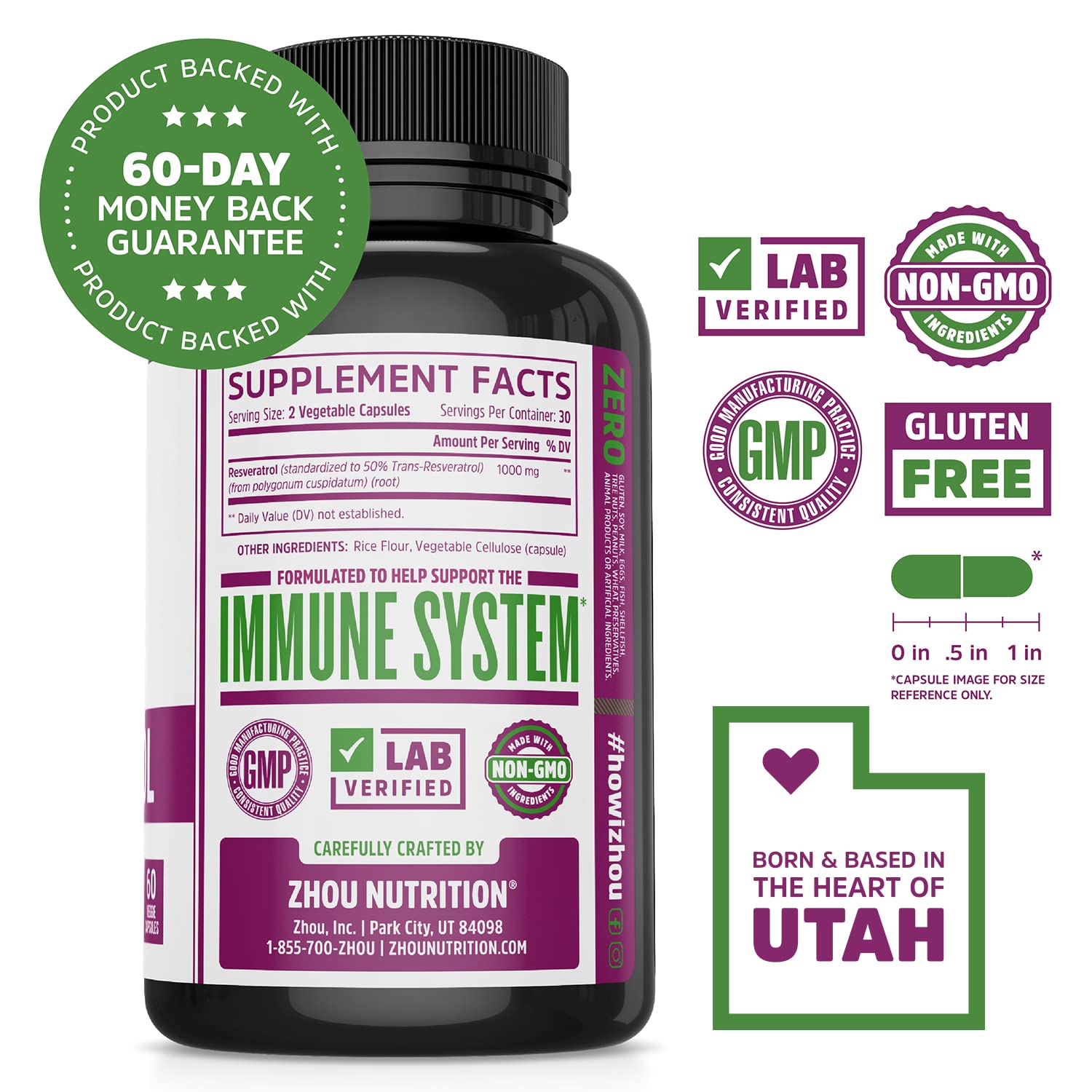 Foto 3 pulgar | Venta Internacional - Suplemento Zhou Resveratrol 50% Trans-resveratrol 60 Cápsulas