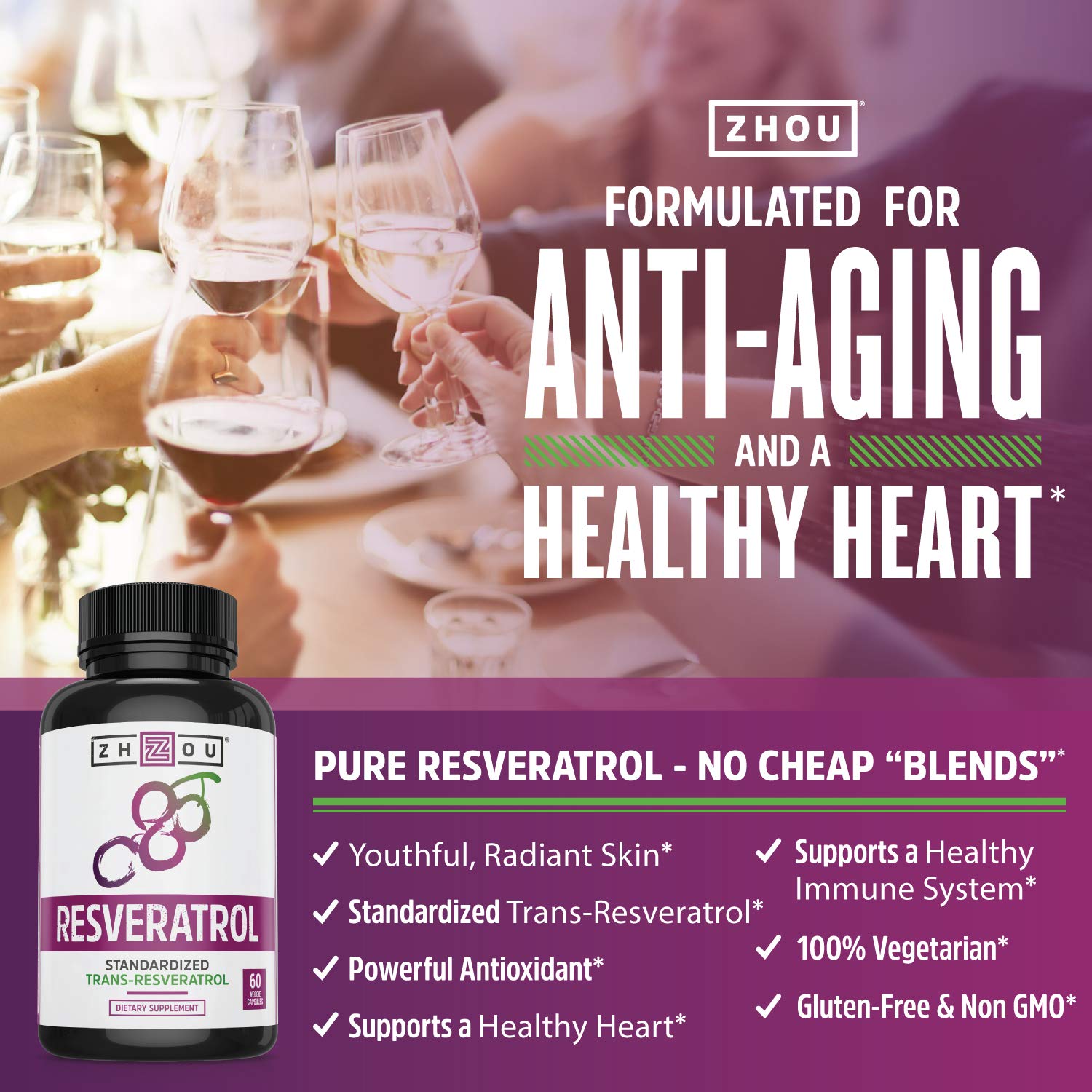Foto 4 pulgar | Venta Internacional - Suplemento Zhou Resveratrol 50% Trans-resveratrol 60 Cápsulas