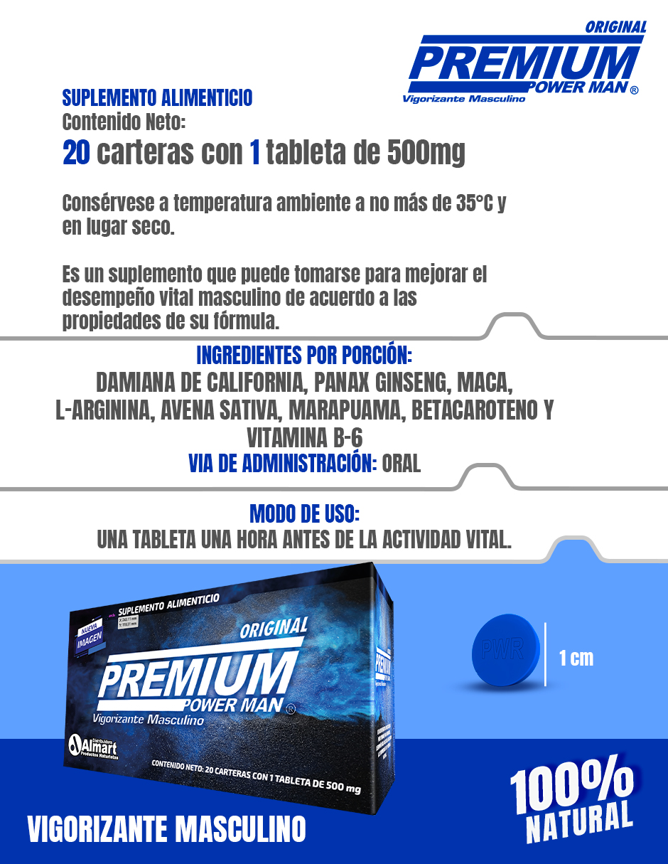 Foto 4 pulgar | Almart Power Man Premium Vigorizante Masculino Con 20 Carteras Con 1 Tableta