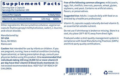 Foto 2 | Suplemento De Vitamina D3 De 5000 Ui De Klaire Labs Para Reforzar El Sistema Inmunitario - Venta Internacional.