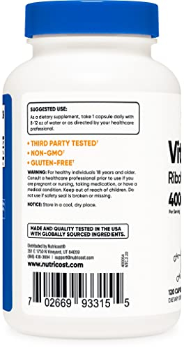 Foto 7 pulgar | Suplemento Nutricost De Vitamina B2 (riboflavina) 400 Mg 120 Cápsulas - Venta Internacional.