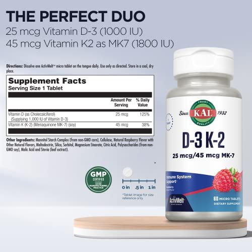 Foto 2 | Suplemento Kal D-3 Y K2 En Comprimidos De 1000 Ui, Sabor A Frambuesa - Venta Internacional.