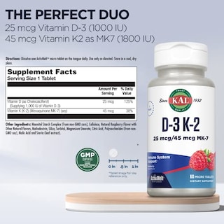 Foto 2 | Suplemento Kal D-3 Y K2 En Comprimidos De 1000 Ui, Sabor A Frambuesa - Venta Internacional.