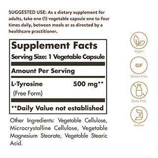 Foto 2 | Suplemento Solgar L-tirosina 500 Mg 100 Cápsulas Vegetales - Venta Internacional.