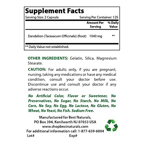 Foto 3 pulgar | Suplemento Best Naturals Raíz De Diente De León 520 Mg 250 Cápsulas - Venta Internacional.